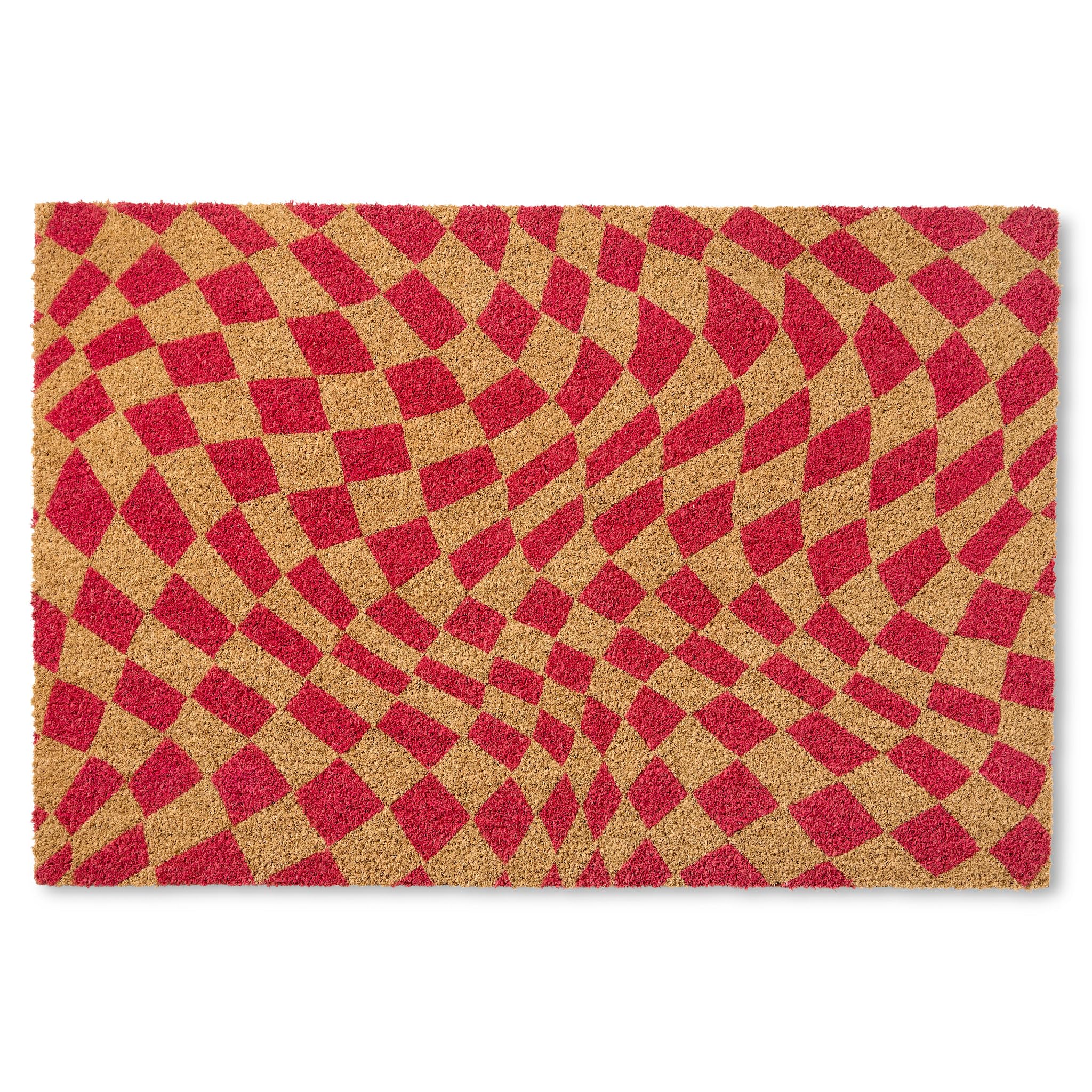 Town & Country Terra Emmett Groovy Checkerboard Door Mat, Natural Coir, Heavyweight, Non-Slip Entryway Mat, Red, 18'X30'