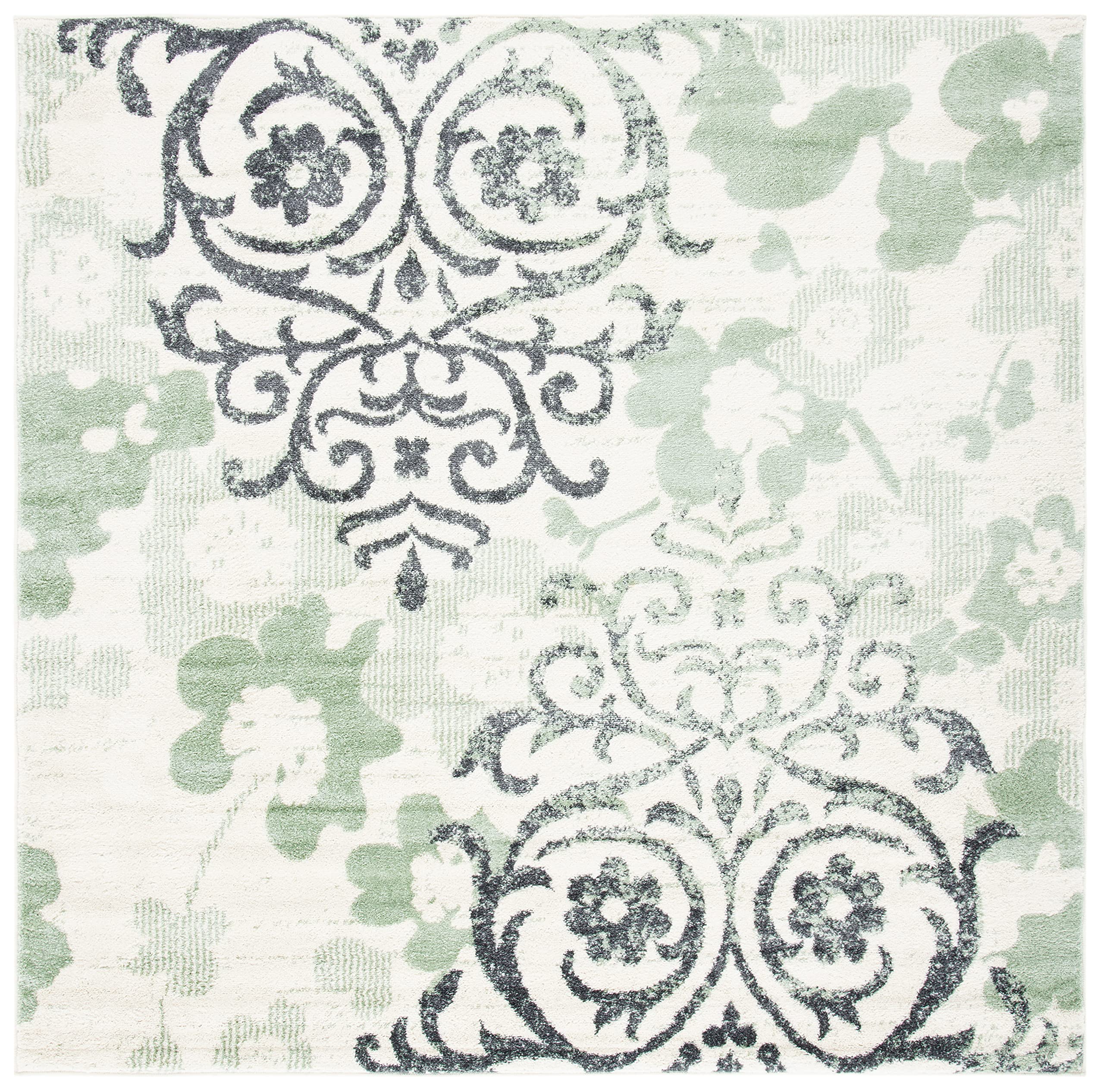 SAFAVIEH Adirondack Collection Area Rug - 8 Square, Ivory & Green, Floral Glam Damask Distressed Design, Ideal for High Traffic