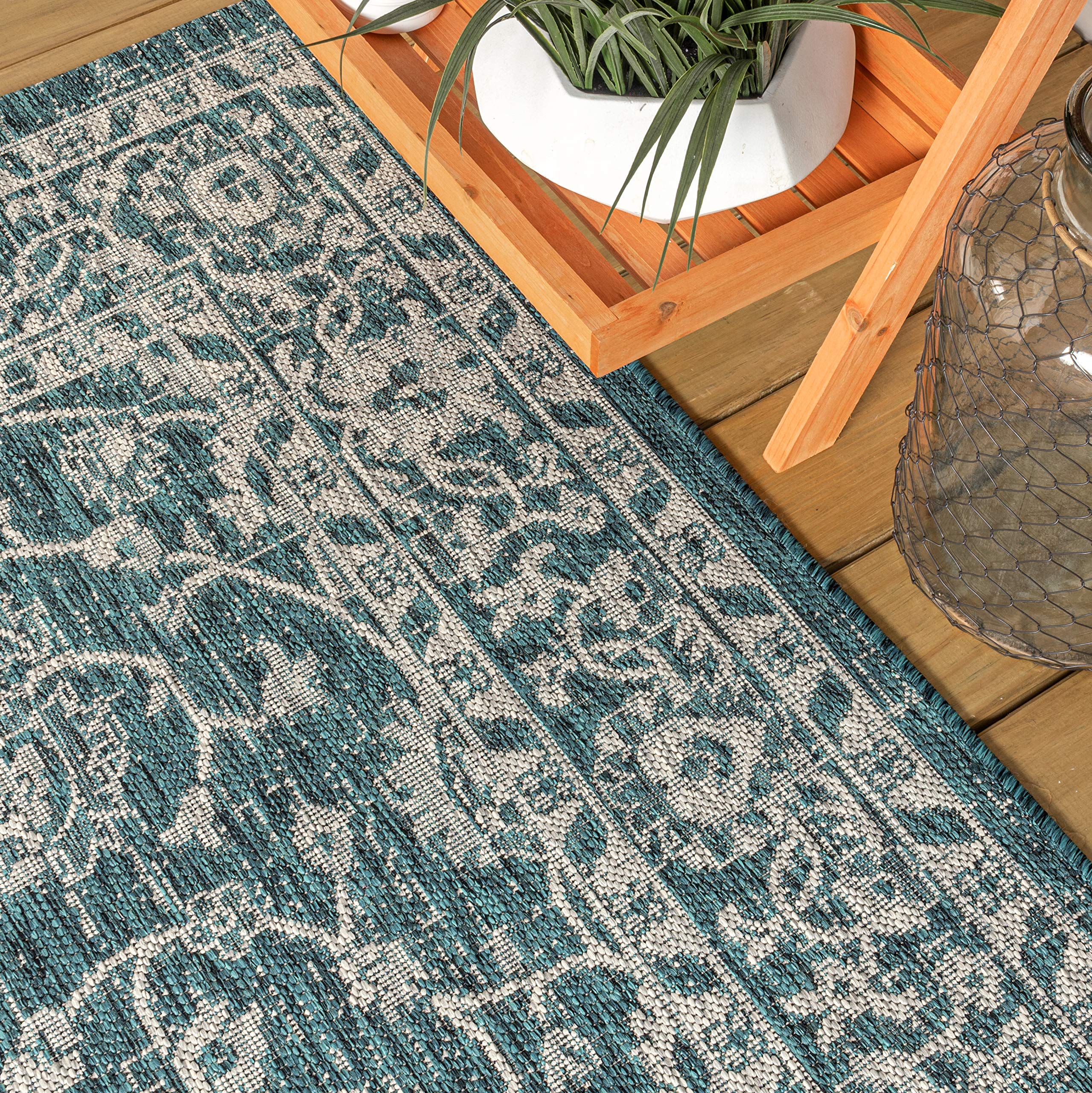 Jonathan Y Smb103B-5R Palazzo Vine And Border Textured Weave Indoor Outdoor Area-Rug Coastal Bohemian Rustic Glam Easy-Cleaning Bedroom Kitchen Backyard Patio Non Shedding, 5' Round, Teal/Gray