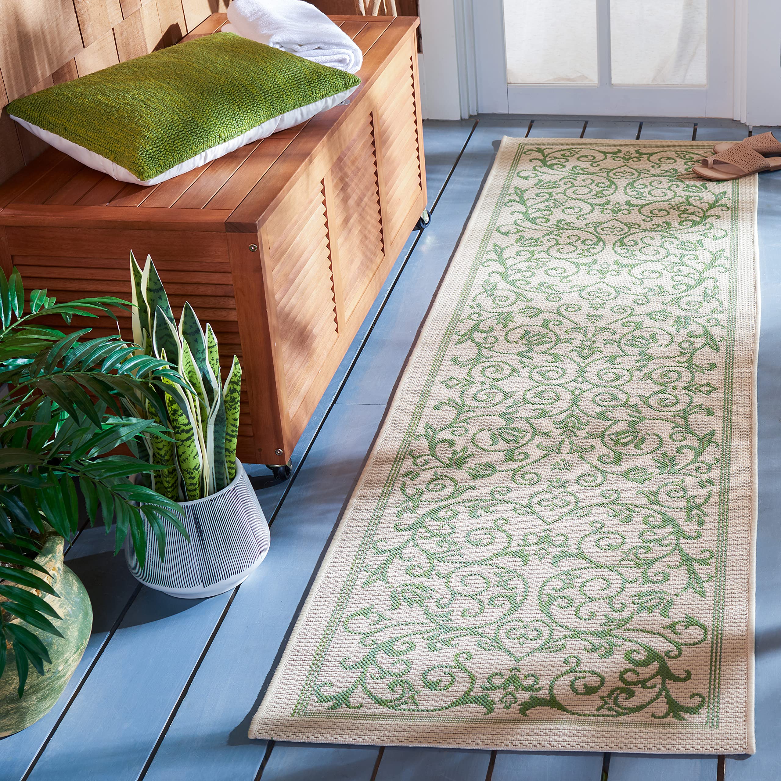 Safavieh Courtyard Collection Runner Rug - 2'3' X 10', Natural & Olive, Scroll Design, Non-Shedding & Easy Care, Indoor/Outdoor
