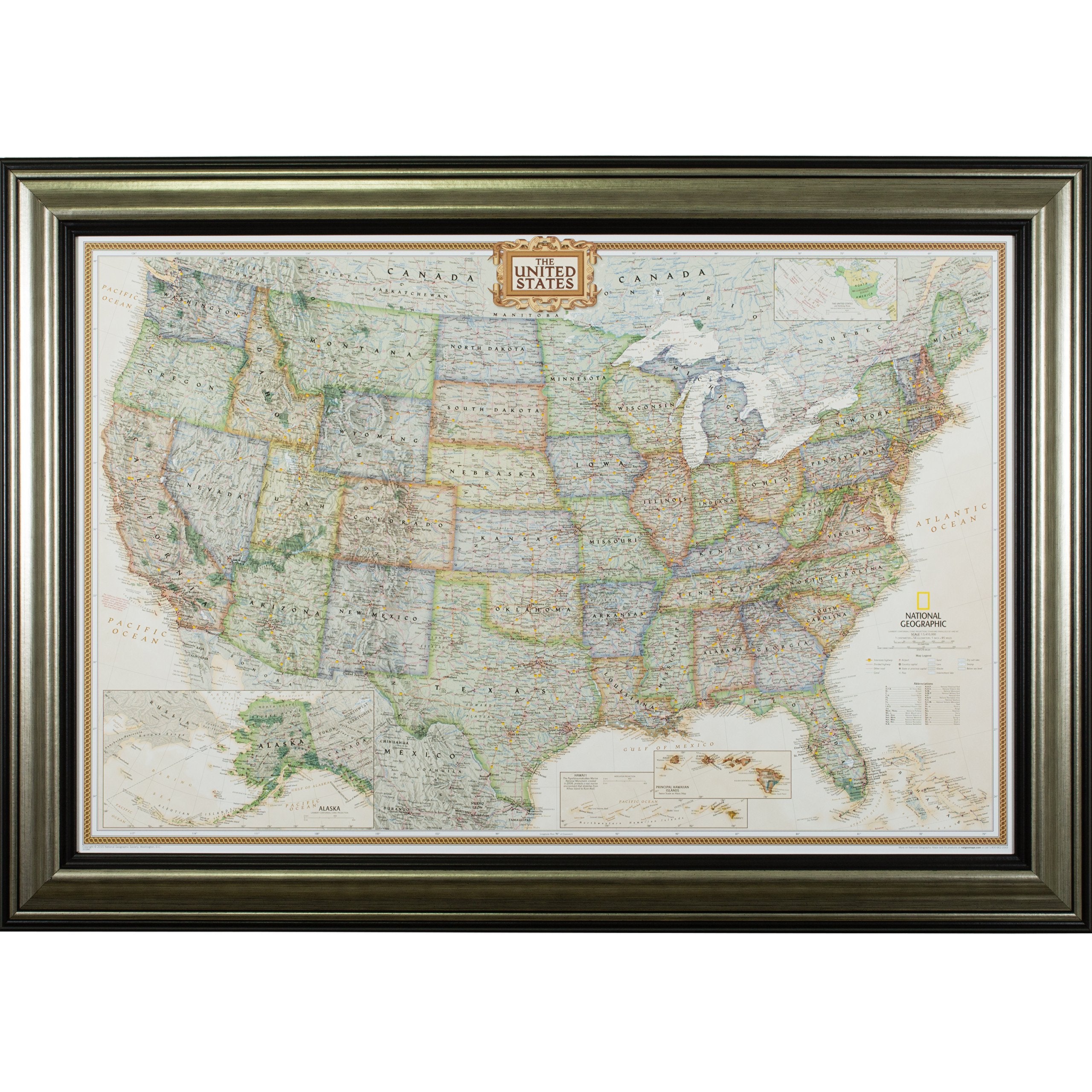 Craig Frames Wayfarer, Executive United States Push Pin Travel Map, Antique Silver And Black Frame With Pins, 24 By 36-Inch