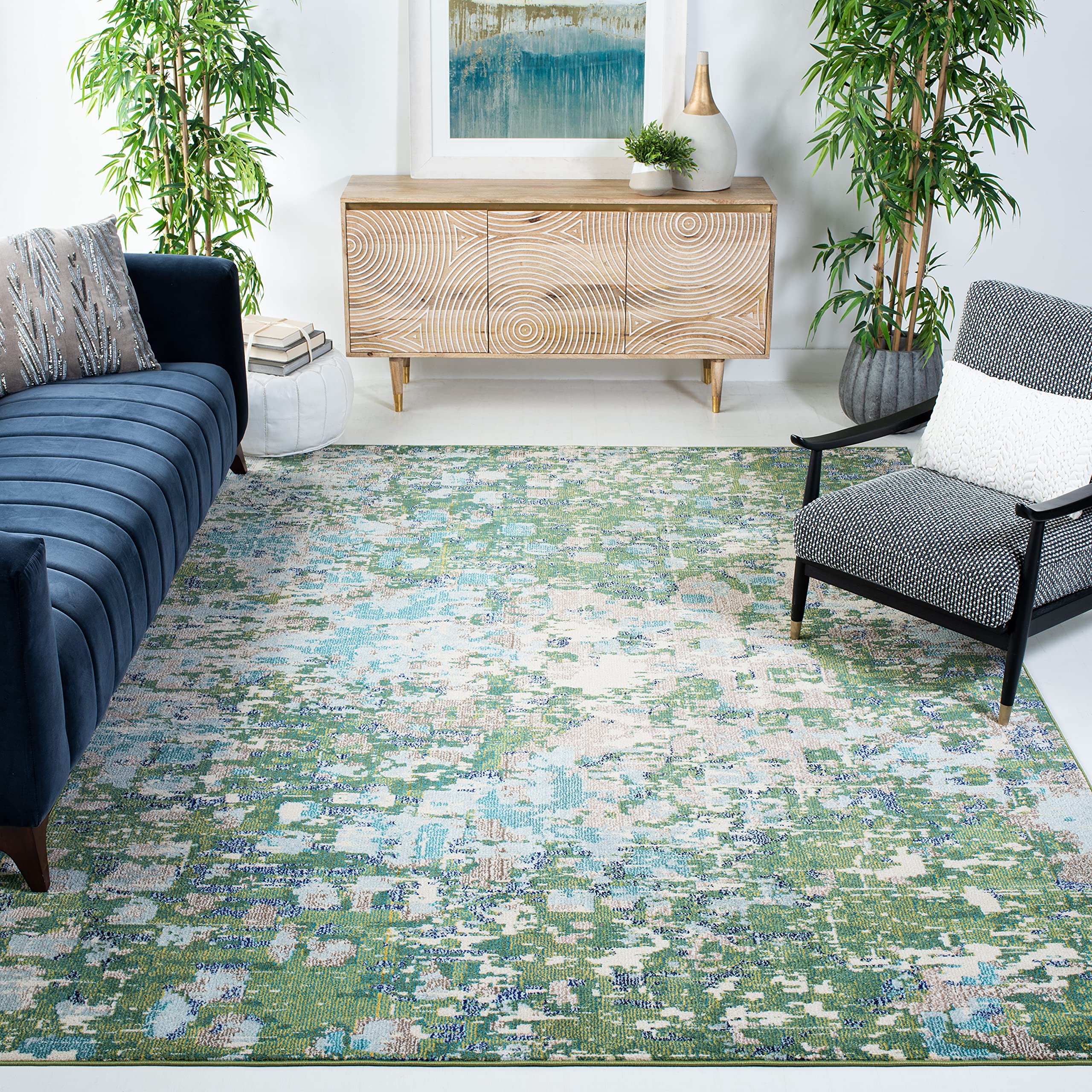 SAFAVIEH Madison Collection X-Large Area Rug - 12' x 15', Green & Turquoise, Boho Abstract Distressed Design, Non-Shedding & Eas