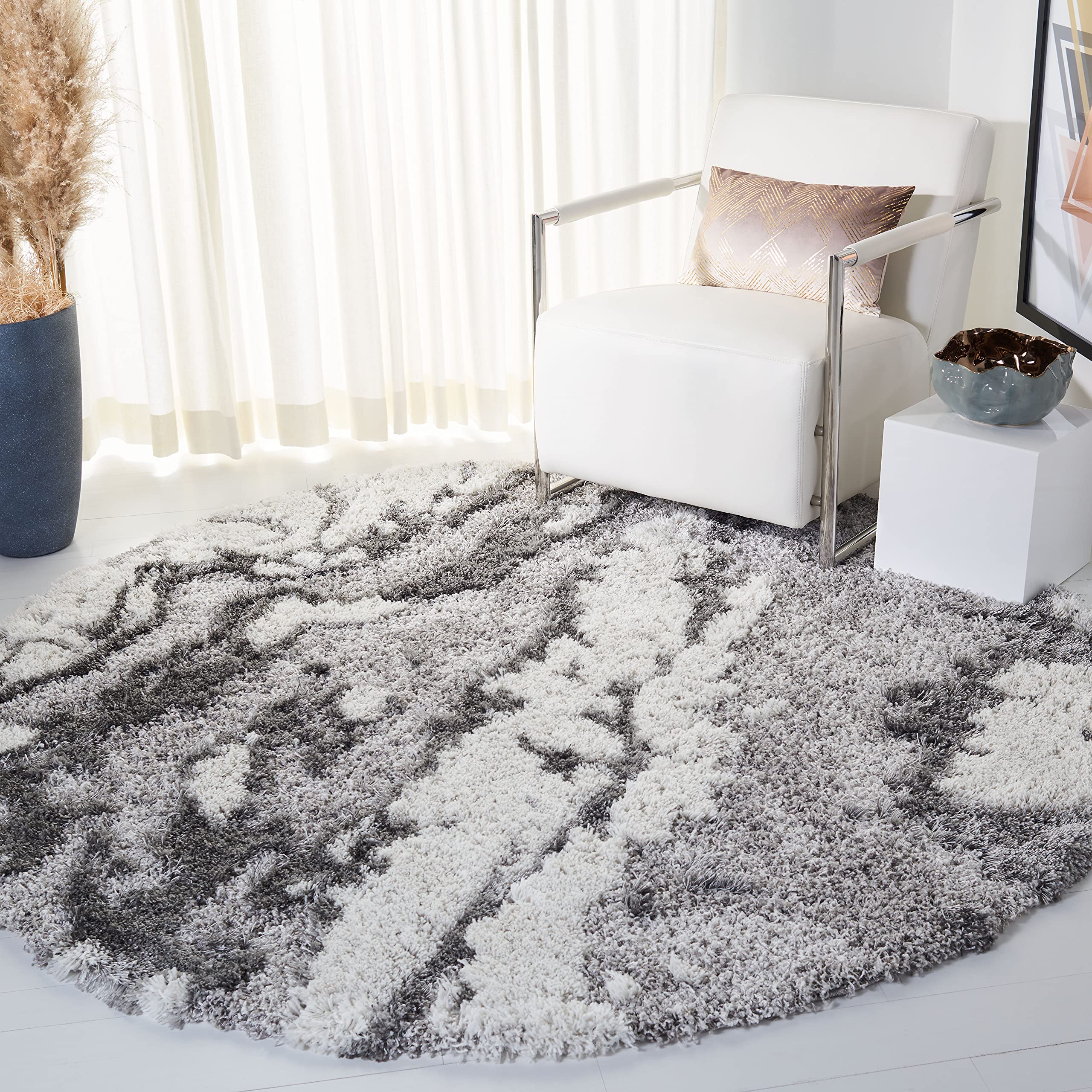 SAFAVIEH Horizon Shag Collection Area Rug - 10 Round, Grey & Ivory, Modern Abstract Design, Non-Shedding & Easy Care, 2-inch Th