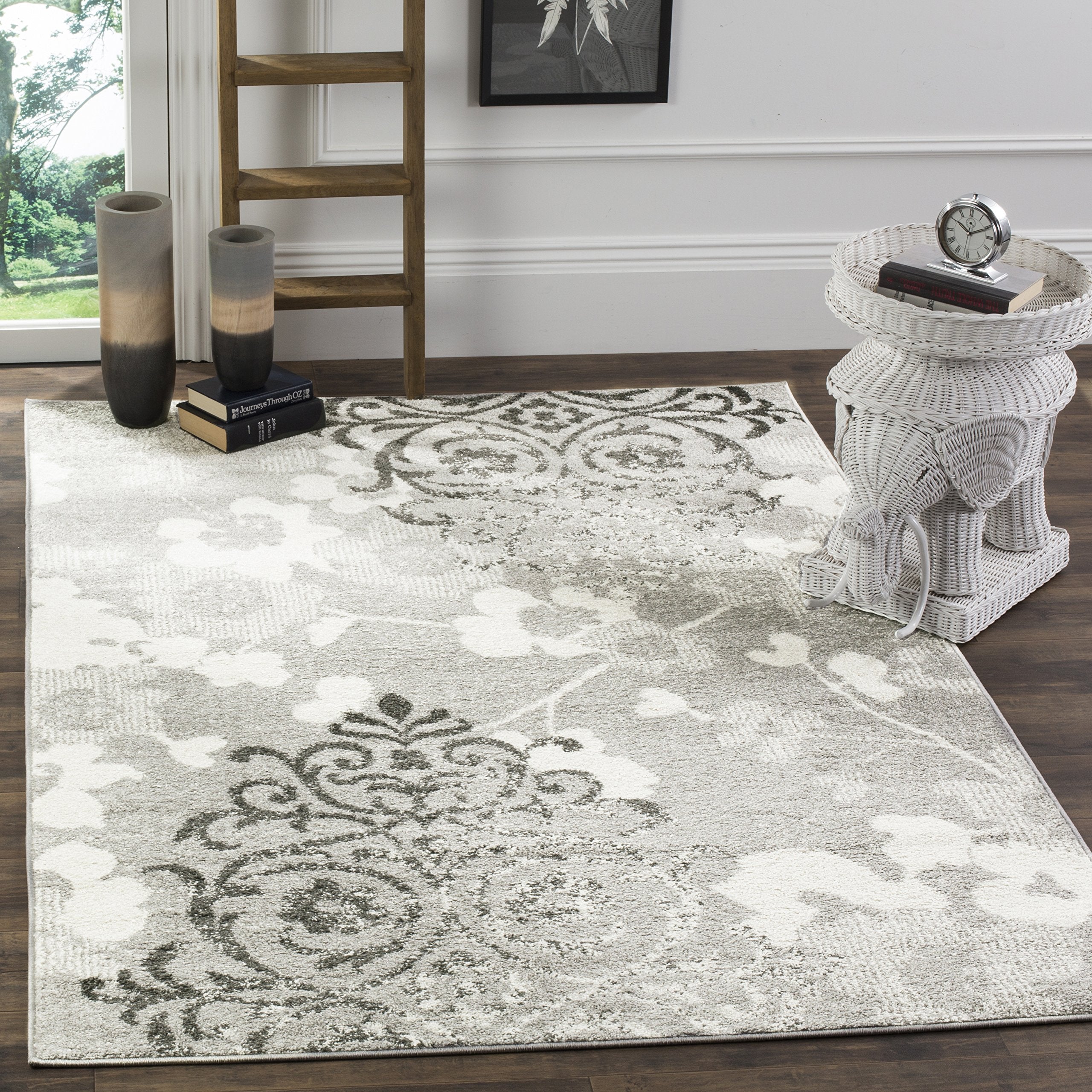 SAFAVIEH Adirondack Collection 3 Square Silver/Ivory ADR114B Floral Glam Damask Distressed Non-Shedding Living Room Bedroom Ent