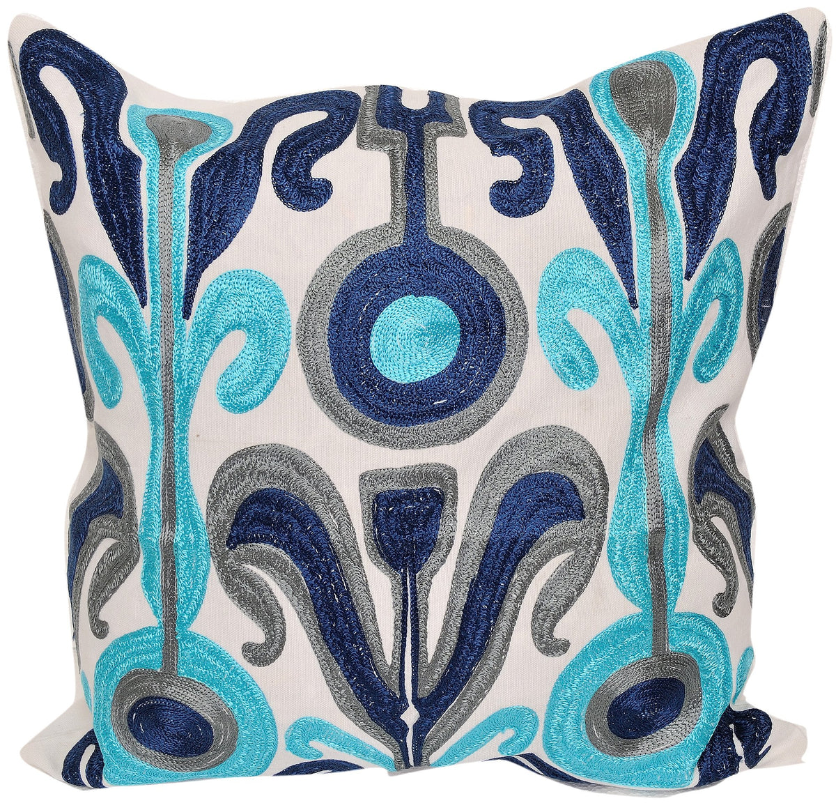 Exotic India IcyBlue Cushion Cover With Embroidered Motifs  Pure Canvas Cotton