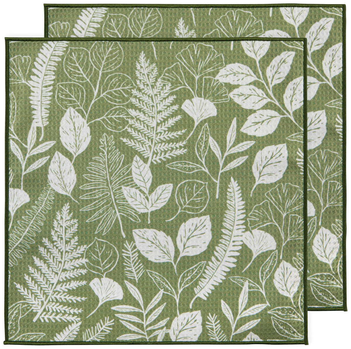 Now Designs Fern & Frond Recycled Microfibre Dishcloths Set of 2, 12x12in, Soft & Absorbent, Earthy Green & Cream, QuickDrying,