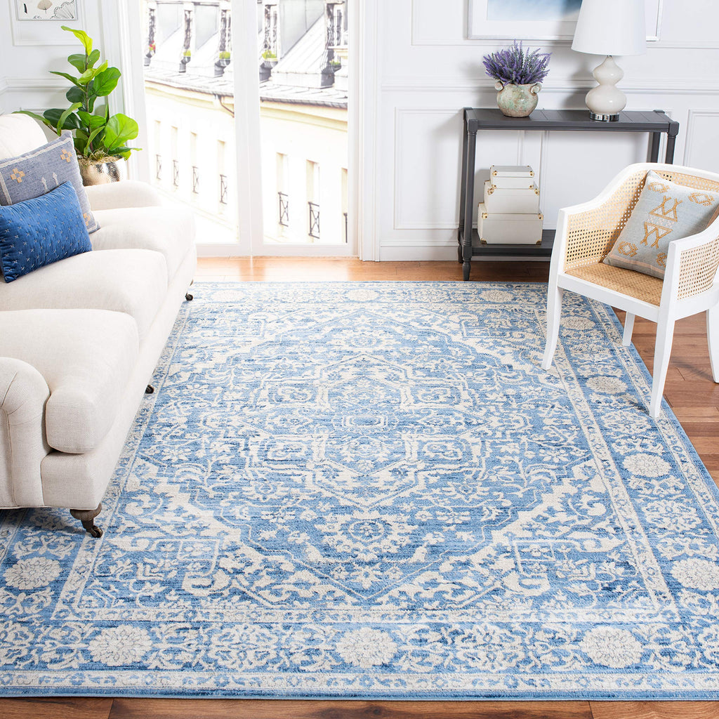 Safavieh Brentwood Collection Area Rug - 10' x 13', Ivory & Blue, Medallion Distressed Design, Non-Shedding & Easy Care, Ideal f