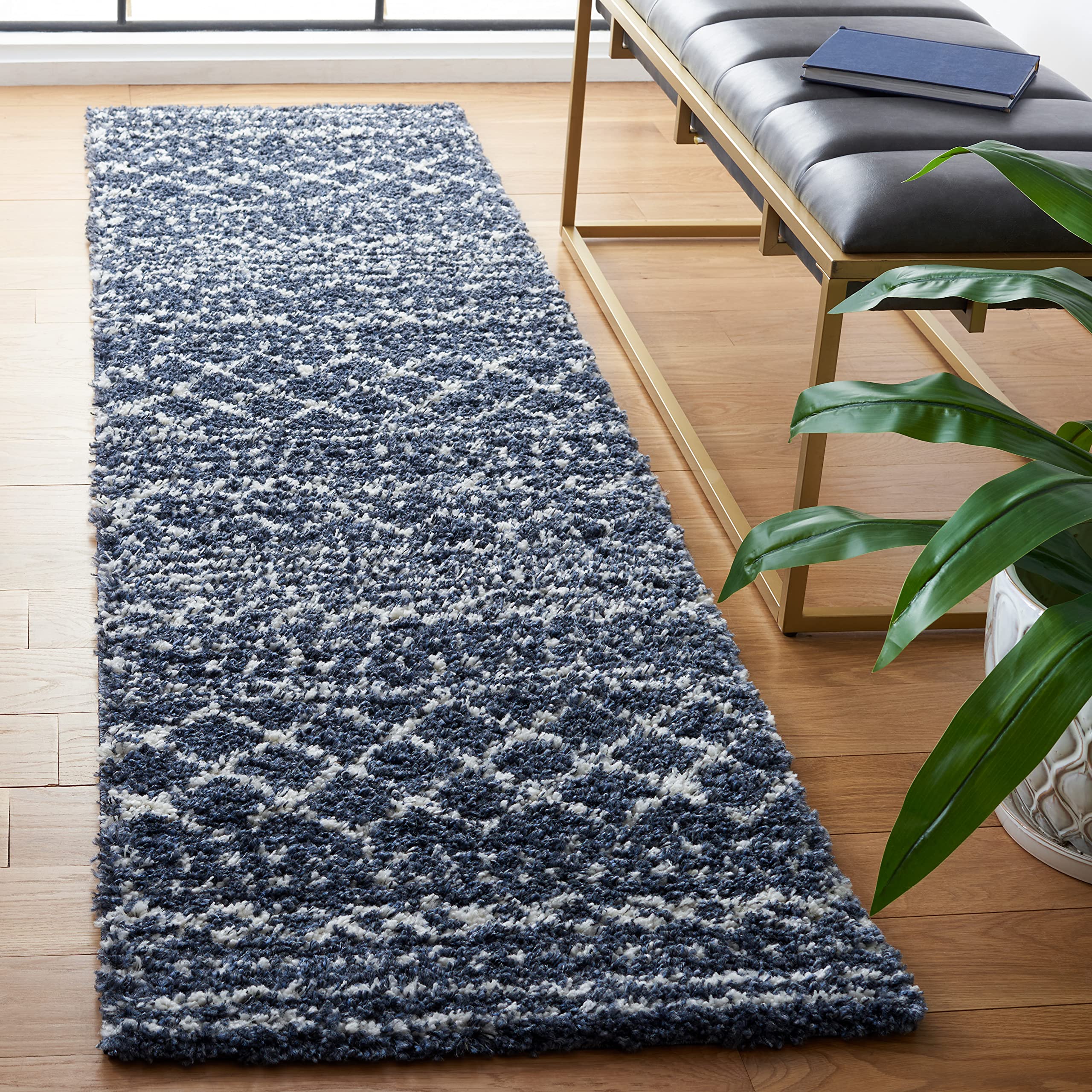 SAFAVIEH Arizona Shag Collection Runner Rug - 23 x 10 Runner, Slate Blue & Ivory, Moroccan Design, Non-Shedding, 1.6-inch Thic