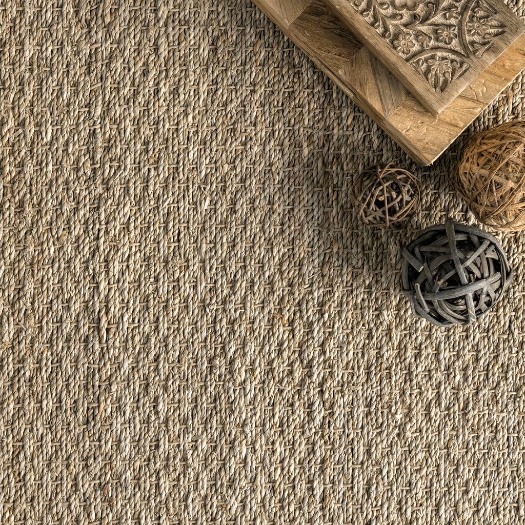 Nuloom 4X6 Elijah Seagrass Area Rug, Brown, Solid Farmhouse Style, Cotton Bordered, Basketweave, Natural Fiber, For Bedroom, Din