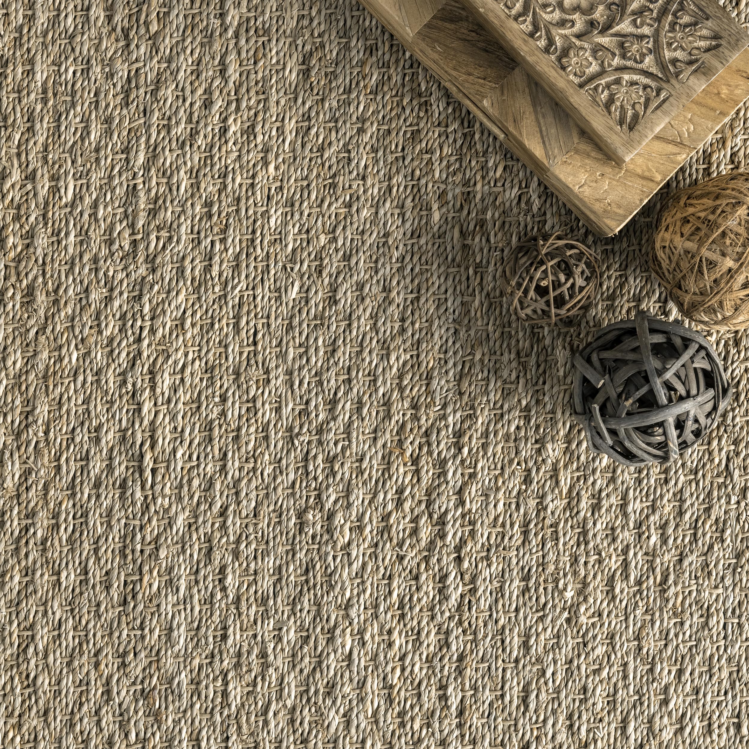 Nuloom 4X6 Elijah Seagrass Area Rug, Brown, Solid Farmhouse Style, Cotton Bordered, Basketweave, Natural Fiber, For Bedroom, Din