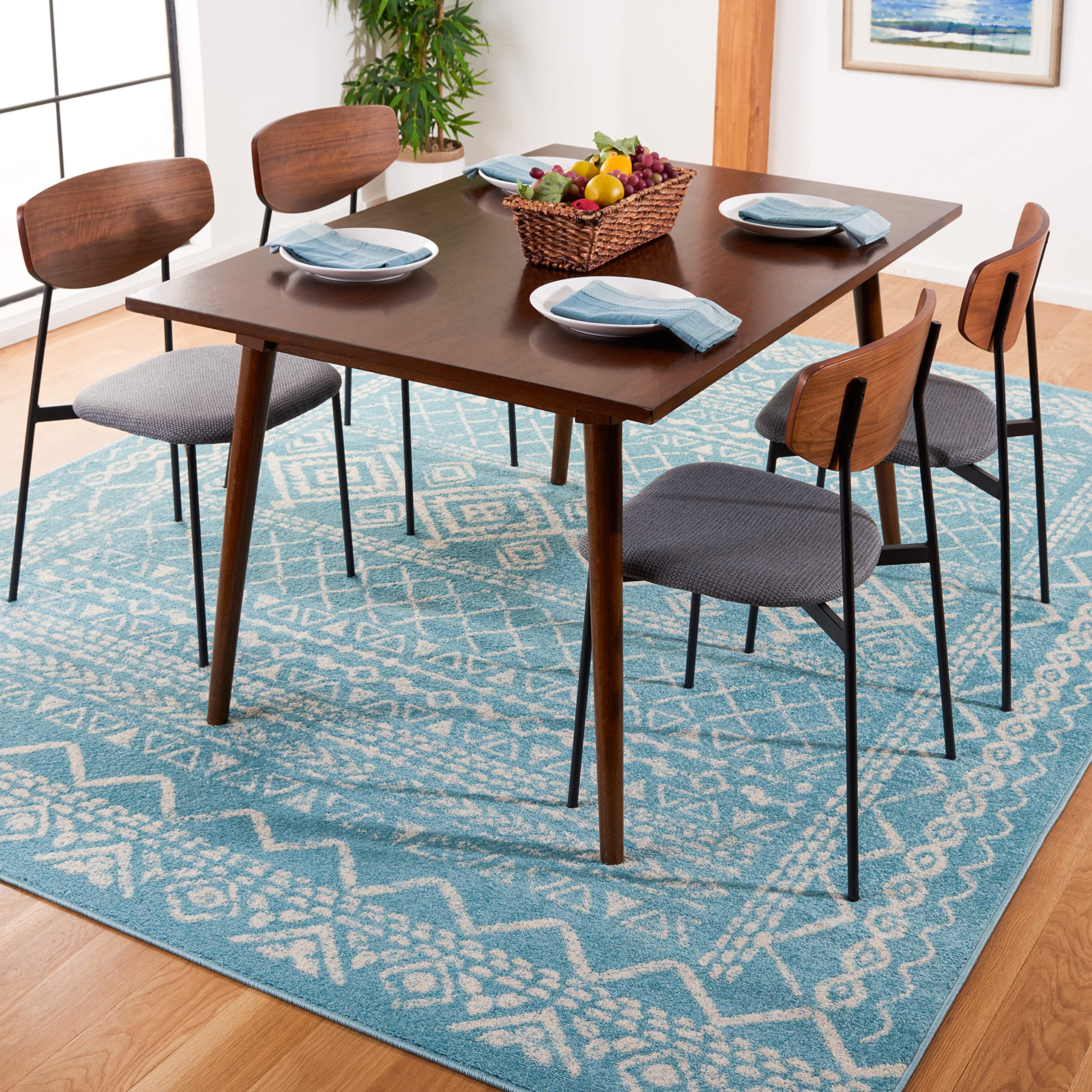SAFAVIEH Tulum Collection Area Rug - 9 x 12, Turquoise & Ivory, Moroccan Boho Distressed Design, Non-Shedding & Easy Care, Ide