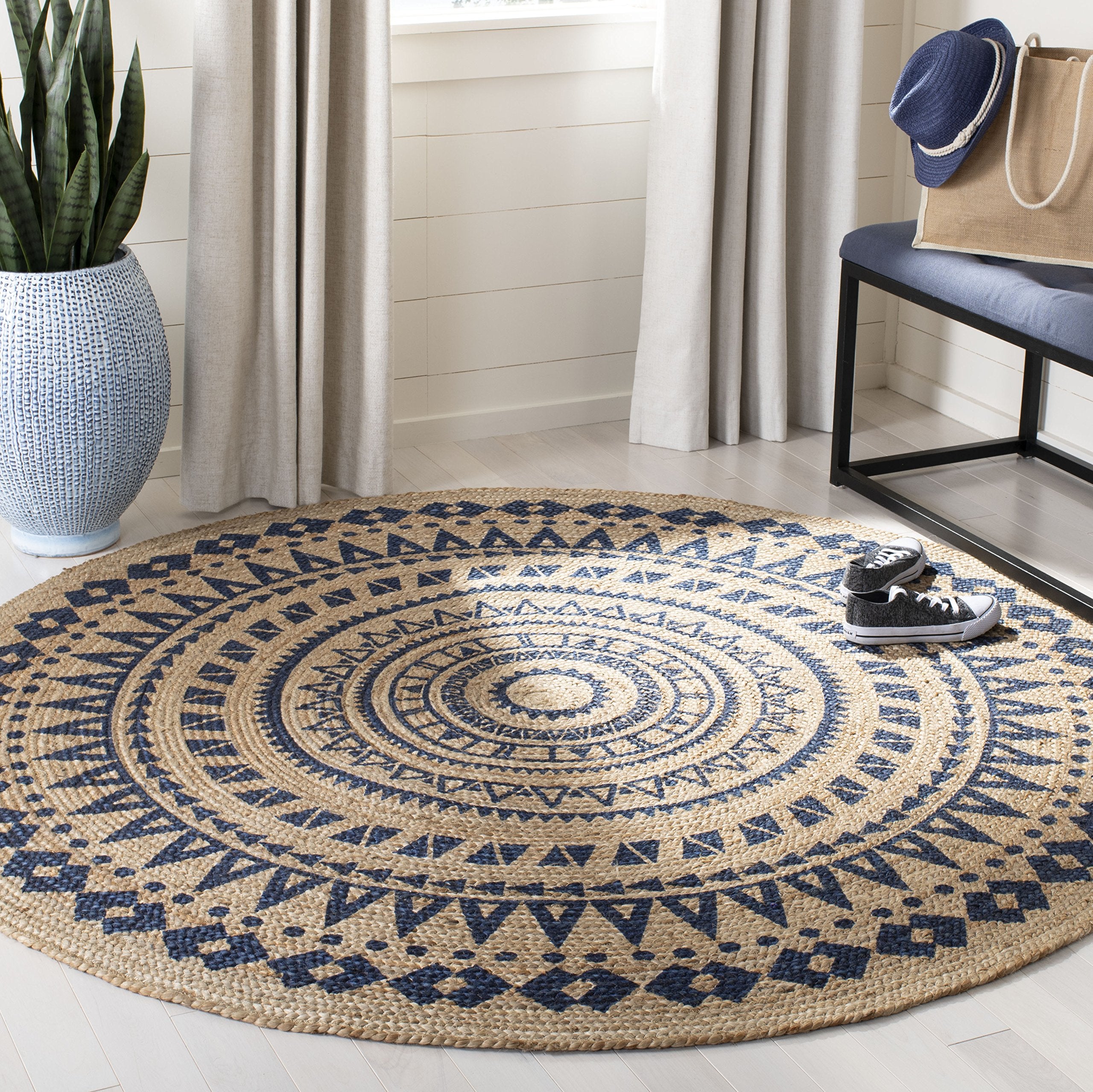 SAFAVIEH Natural Fiber Round Collection 8 Round Royal Blue NF802D Handmade Boho Mandala Braided Jute Area Rug