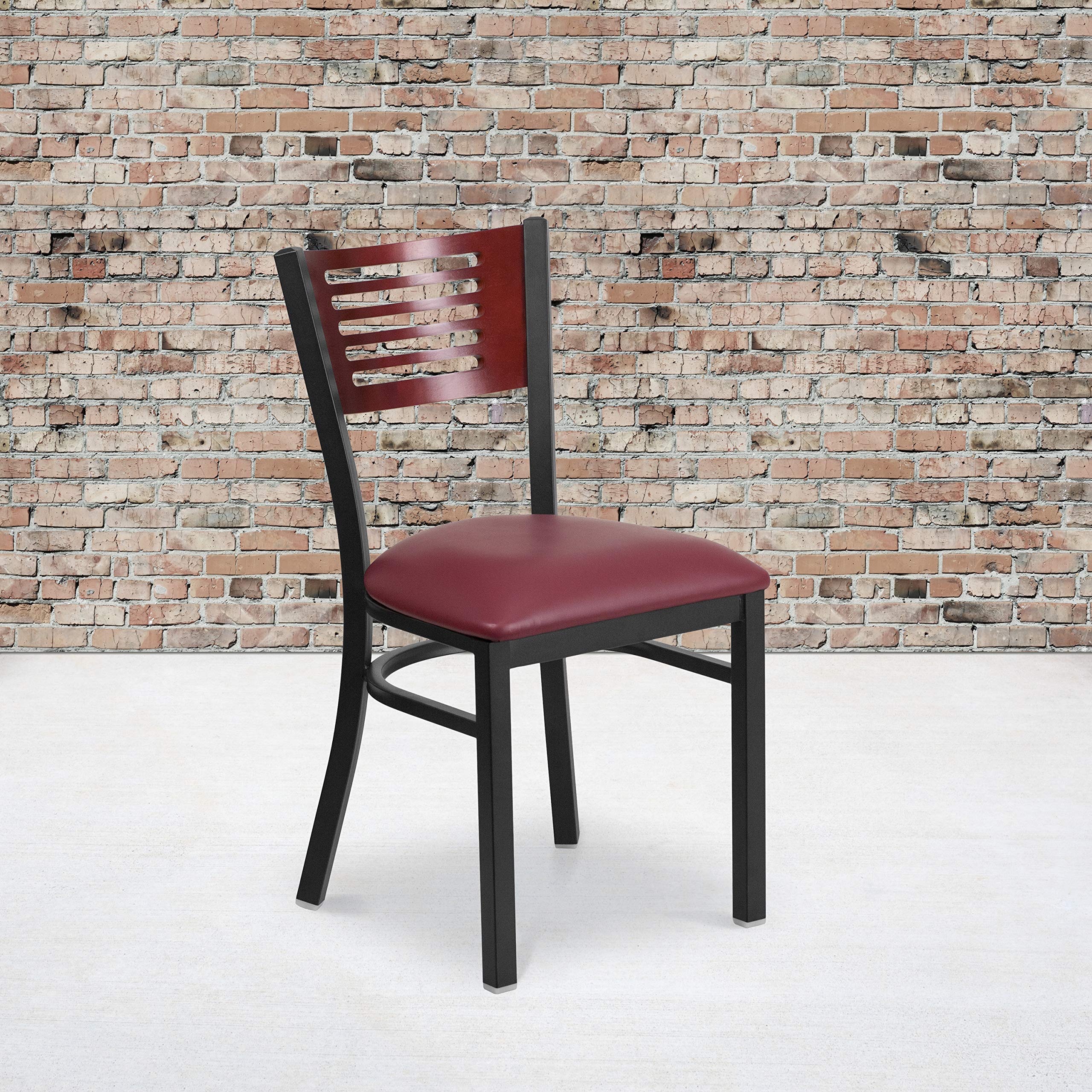 Flash Furniture Hercules Series Black Slat Back Metal Restaurant Chair - Mahogany Wood Back, Burgundy Vinyl Seat