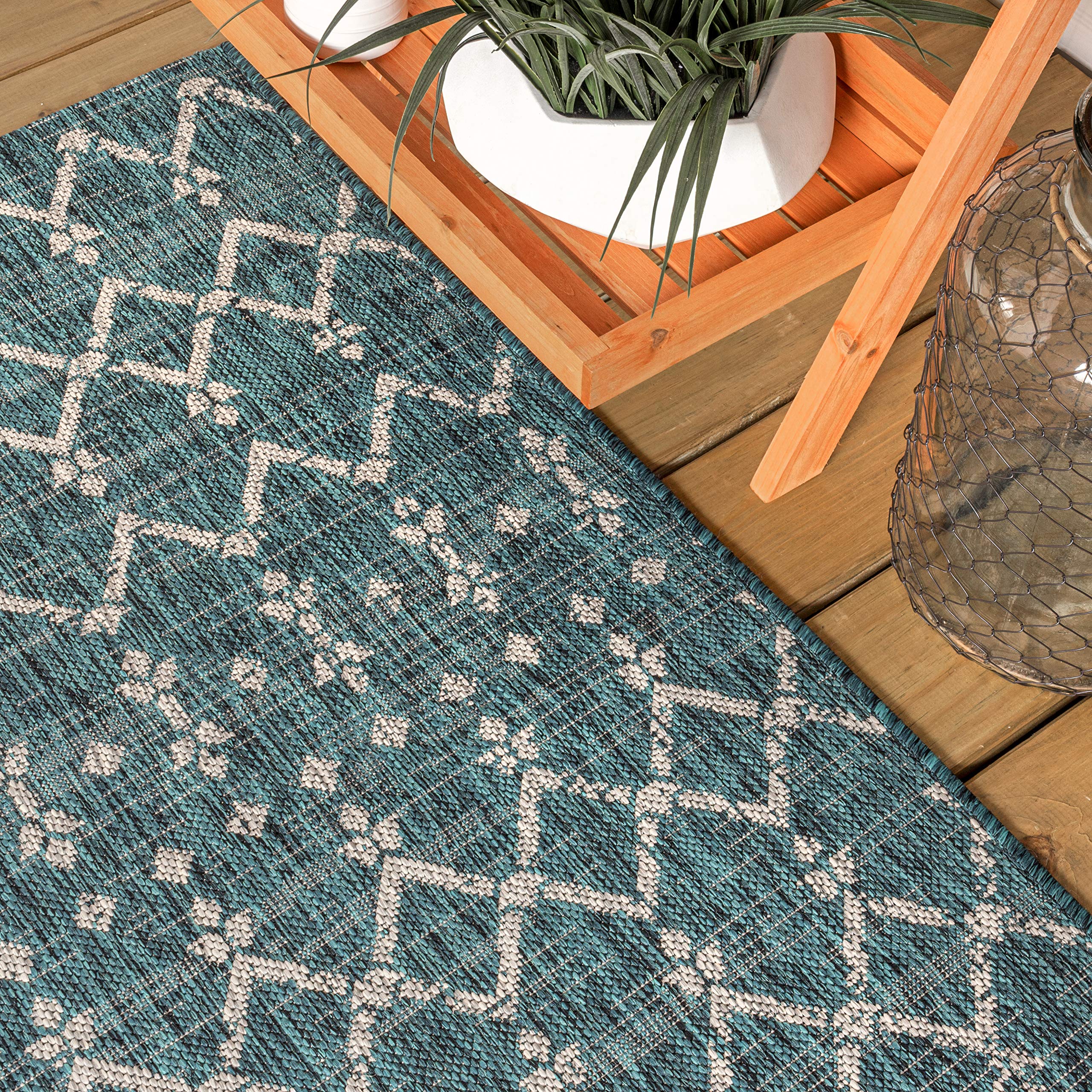 Jonathan Y Smb108C-28 Ourika Moroccan Geometric Textured Weave Indoor Outdoor Area Rug, Bohemian, Rustic, Scandinavian Easy Cleaning,Bedroom,Kitchen,Backyard,Patio,Non Shedding, Teal/Gray, 2 X 8