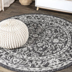 Jonathan Y Smb103C-5R Palazzo Vine And Border Textured Weave Indoor Outdoor Area-Rug Coastal Bohemian Rustic Glam Easy-Cleaning Bedroom Kitchen Backyard Patio Non Shedding, 5' Round, Black/Gray