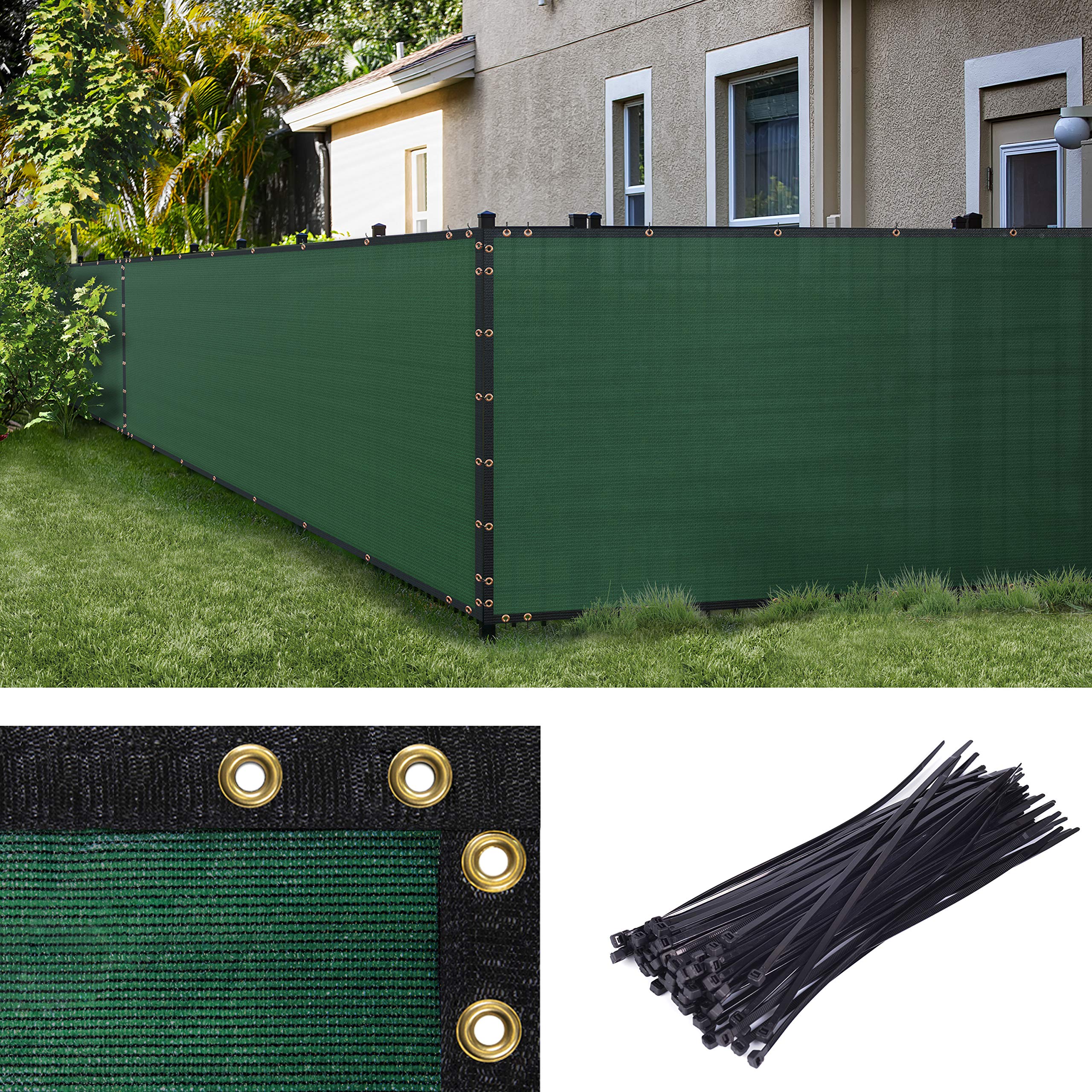 Amgo 5' X 50' Green Fence Privacy Screen, Commercial Standard Heavy Duty Windscreen With Bindings & Grommets, 90% Blockage, Cabl