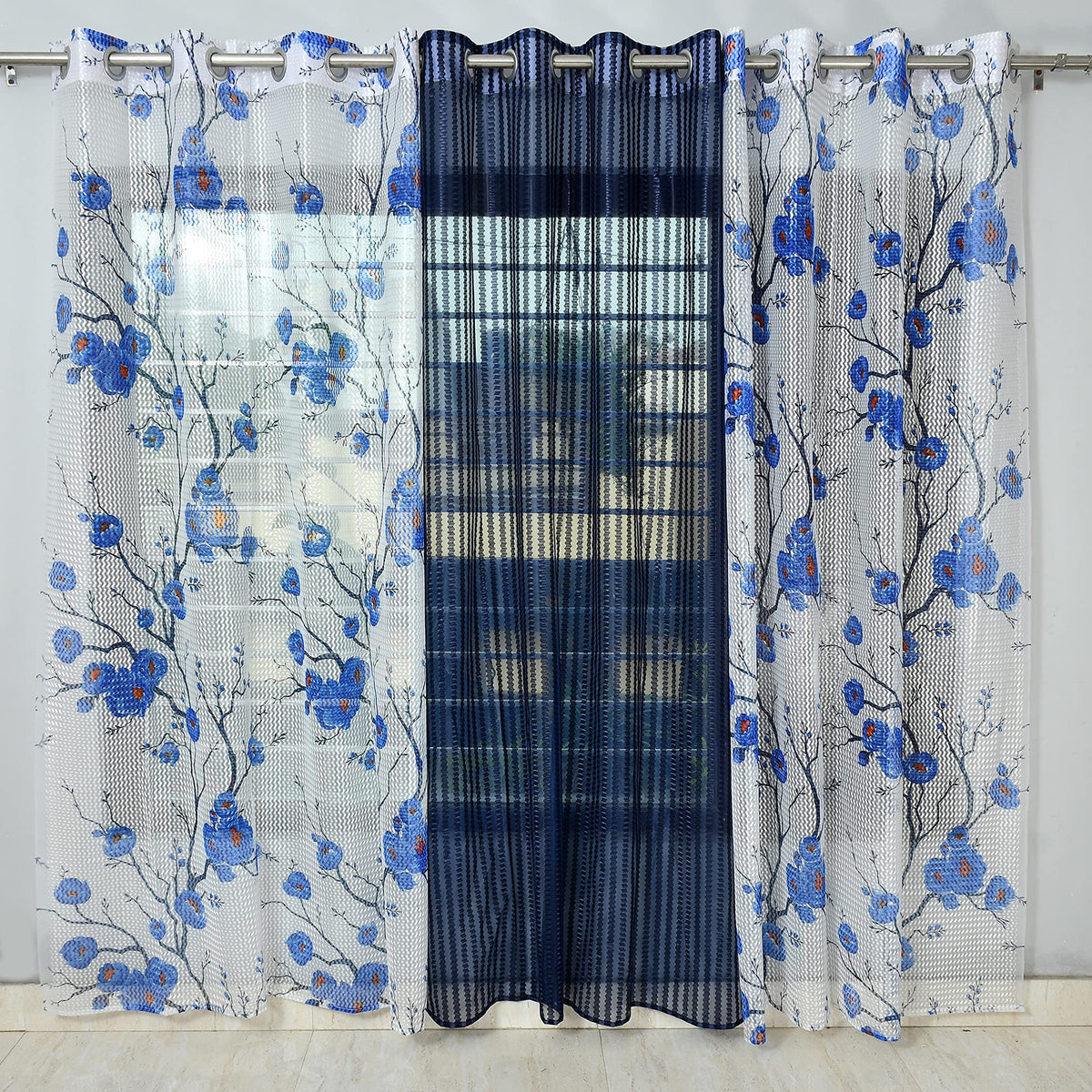 UNNAK Net Transparent 5Ft Curtain Drapes for Window Pack of 3 | Floral and Solid Panels for Home and Office Decor | Fancy Eyelet