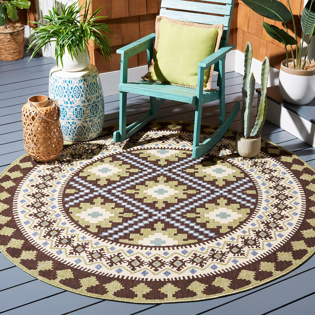 Safavieh Veranda Collection 6'7' Round Chocolate/Green Ver099 Boho Floral Indoor/Outdoor Non-Shedding Easy Cleaning Patio Backyard Porch Deck Mudroom Area Rug