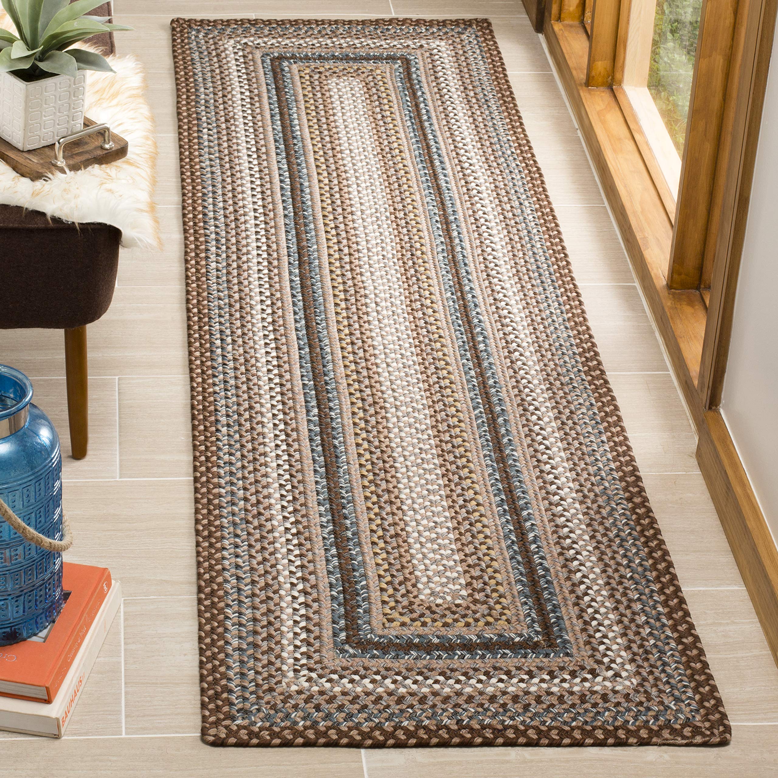 SAFAVIEH Braided Collection Runner Rug - 23 x 22 Runner, Brown & Multi, Handmade, Indoor/Outdoor & Washable, Ideal for Patio, 