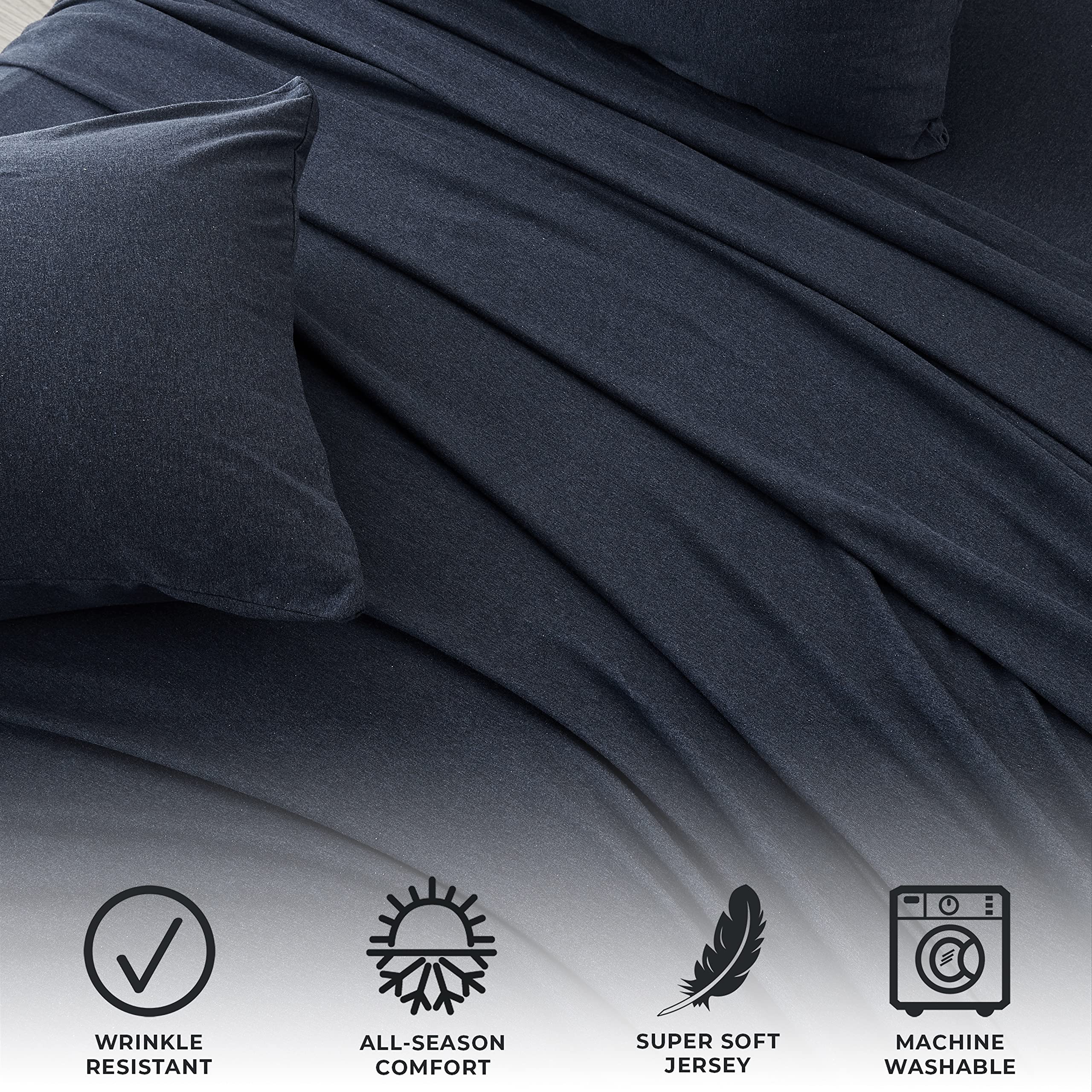 4 Piece Jersey Knit Queen Cotton Blend Light Navy Sheet Set | Ultra-Soft T-Shirt Jersey Bedding Sheets & Pillowcases | Heathered