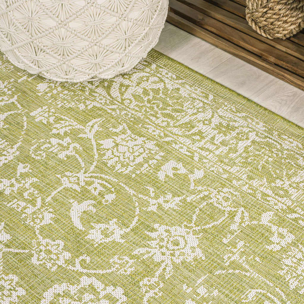Jonathan Y Smb100D-210 Tela Bohemian Textured Weave Floral Indoor Outdoor -Area Rug, Coastal, Traditional, Transitional Easy-Cleaning,Bedroom,Kitchen,Backyard,Patio,Non Shedding, Green/Cream, 2 X 10