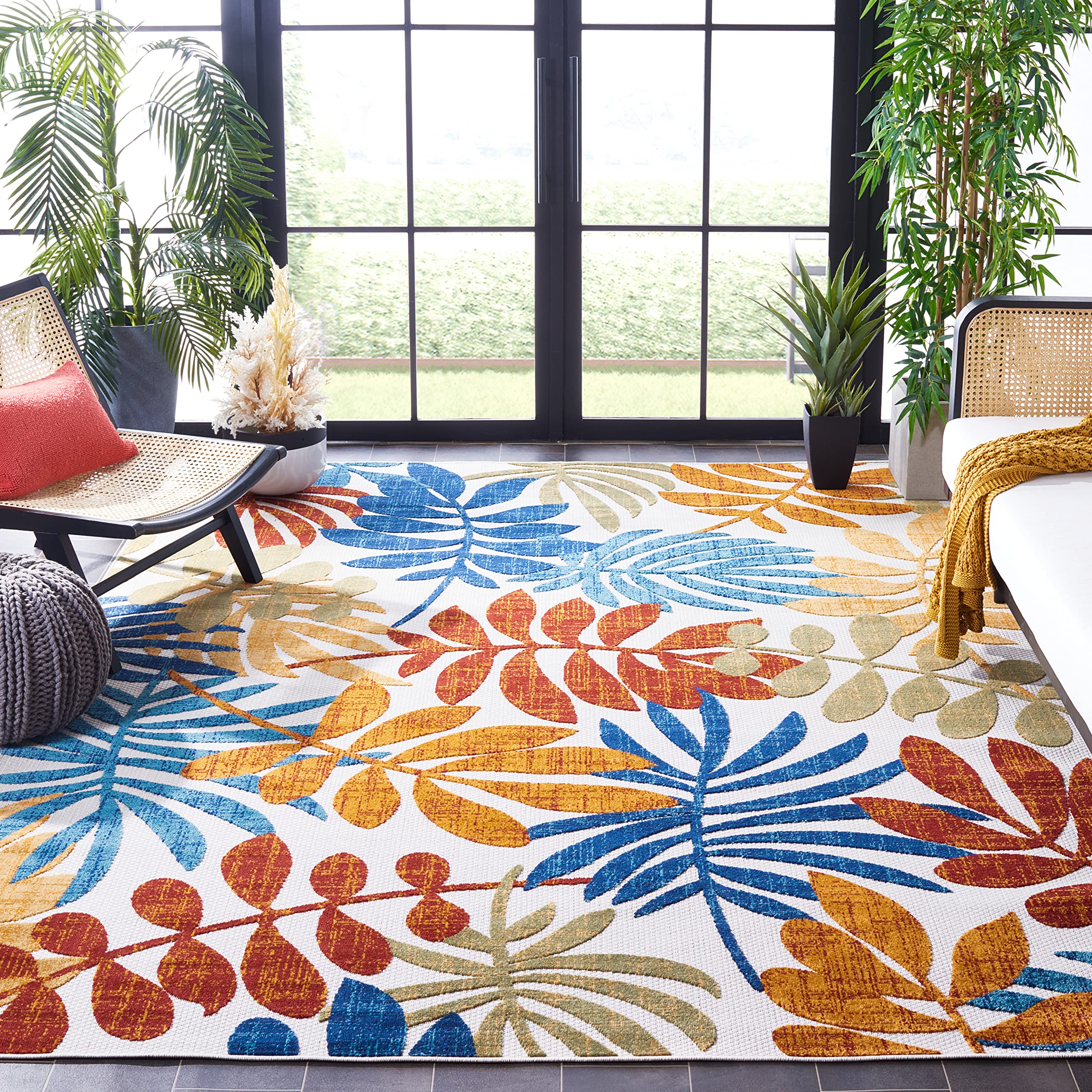 Safavieh Cabana Collection Area Rug - 10' X 14', Creme & Red, Botanical Design, Non-Shedding & Easy Care, Indoor/Outdoor & Washable-Ideal For Patio, Backyard, Mudroom (Cbn814A)