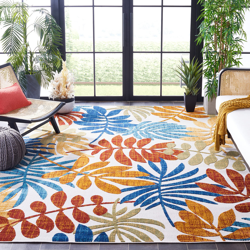 Safavieh Cabana Collection 6'7' Square Cream / Red Cbn814A Botanical Indoor/ Outdoor Non-Shedding Easy Cleaning Patio Backyard Porch Deck Mudroom Area Rug