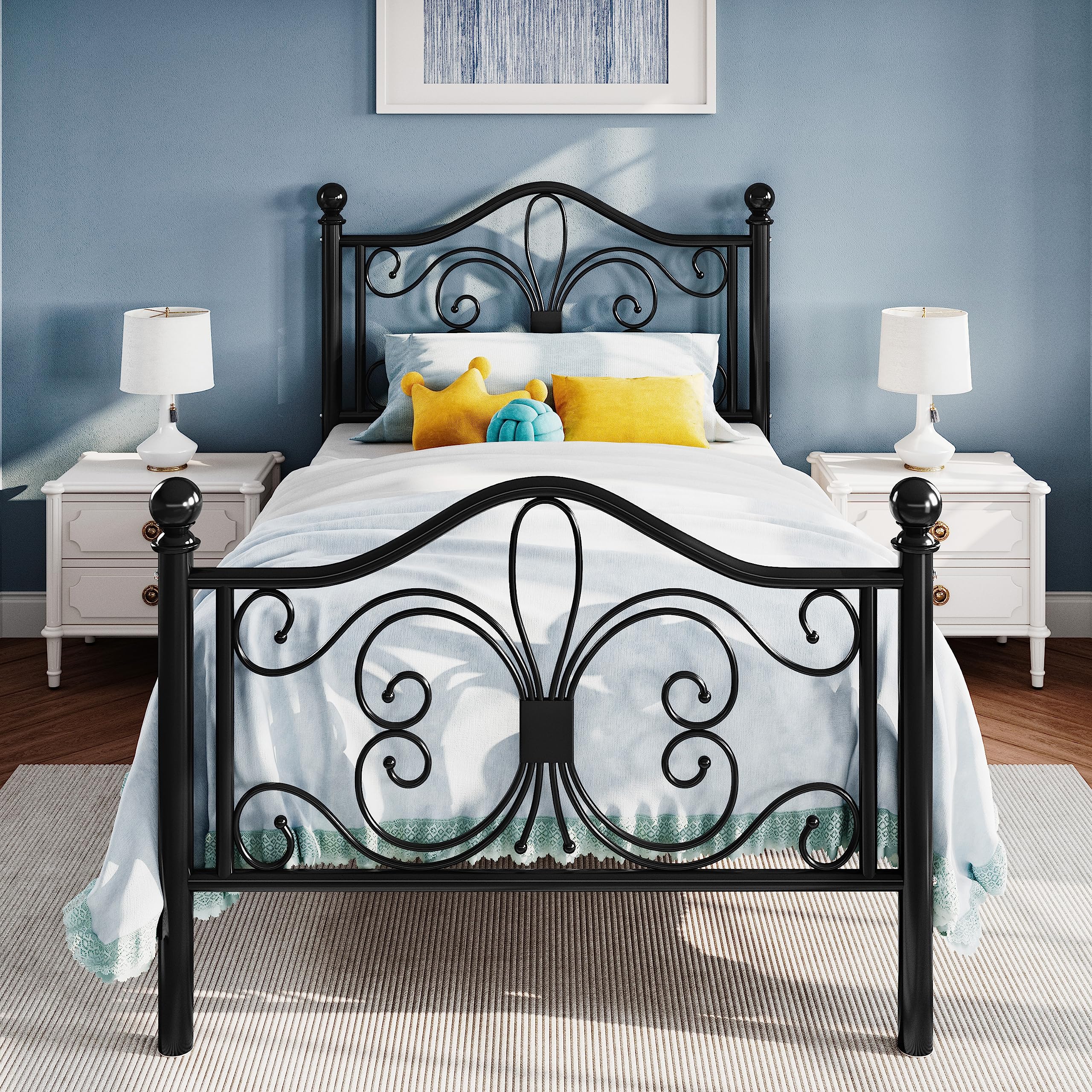 SHA CERLIN Twin Size Bed Frame for Kids,Metal Bed Frame with Butterfly Pattern Design Headboard and Footboard,No Box Spring Need