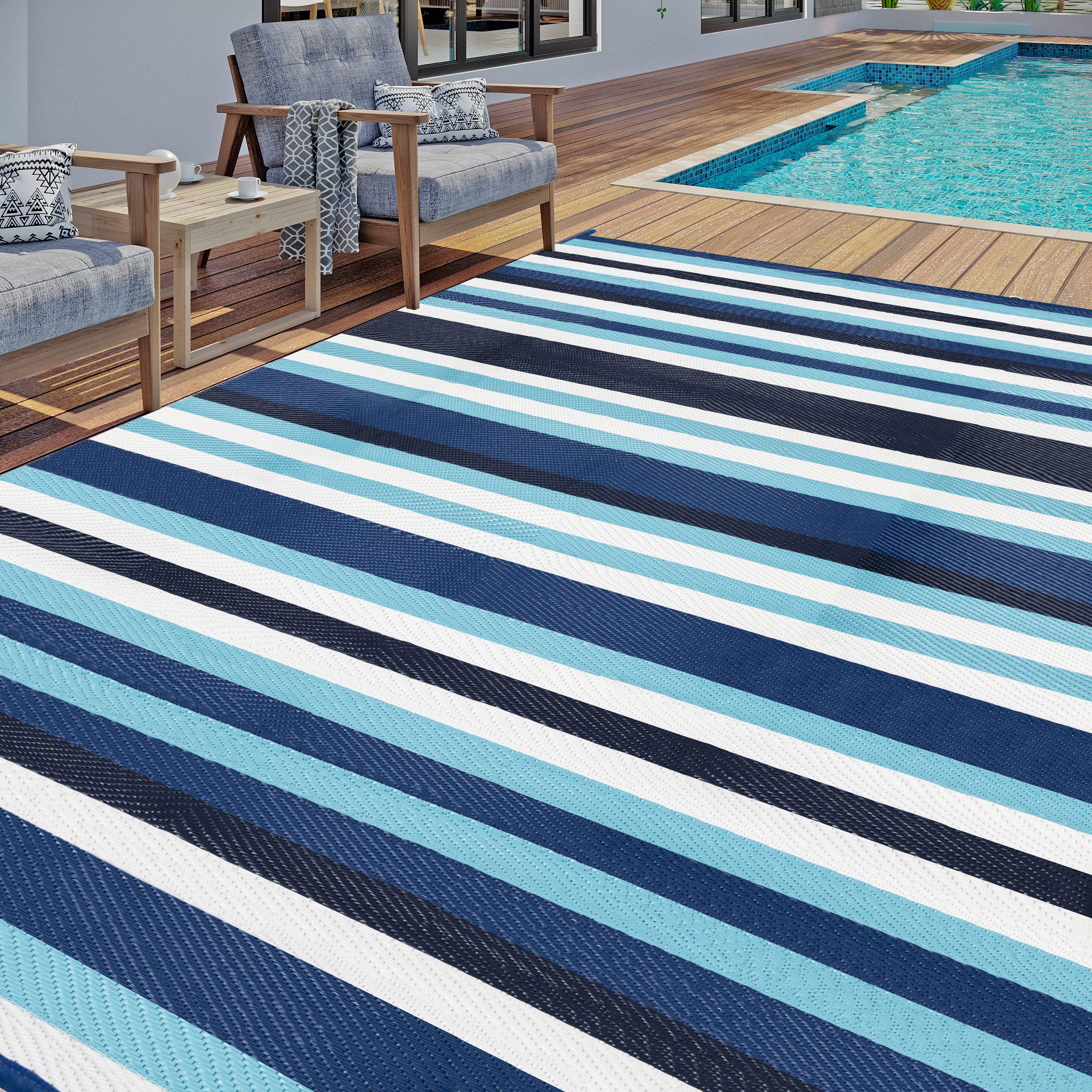 Hugear Outdoor Waterproof Rug 8'X10' Plastic Straw Rugs Washable Reversible Floor Mat Blue Stripe Carpet For Camping Rv Deck Ent