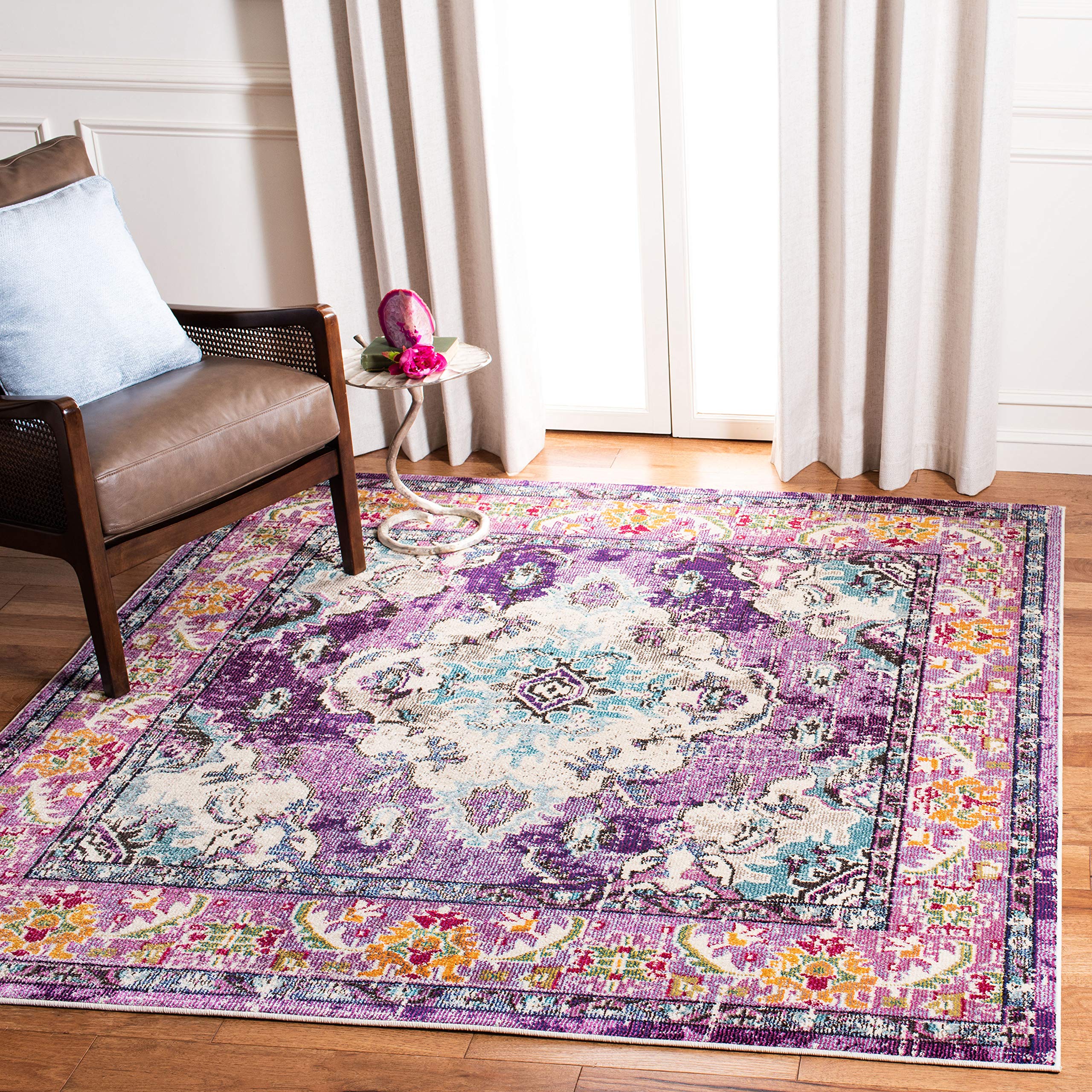 SAFAVIEH Monaco Collection 67 Square Violet/Light Blue MNC243L Boho Chic Medallion Distressed Non-Shedding Living Room Bedroom 