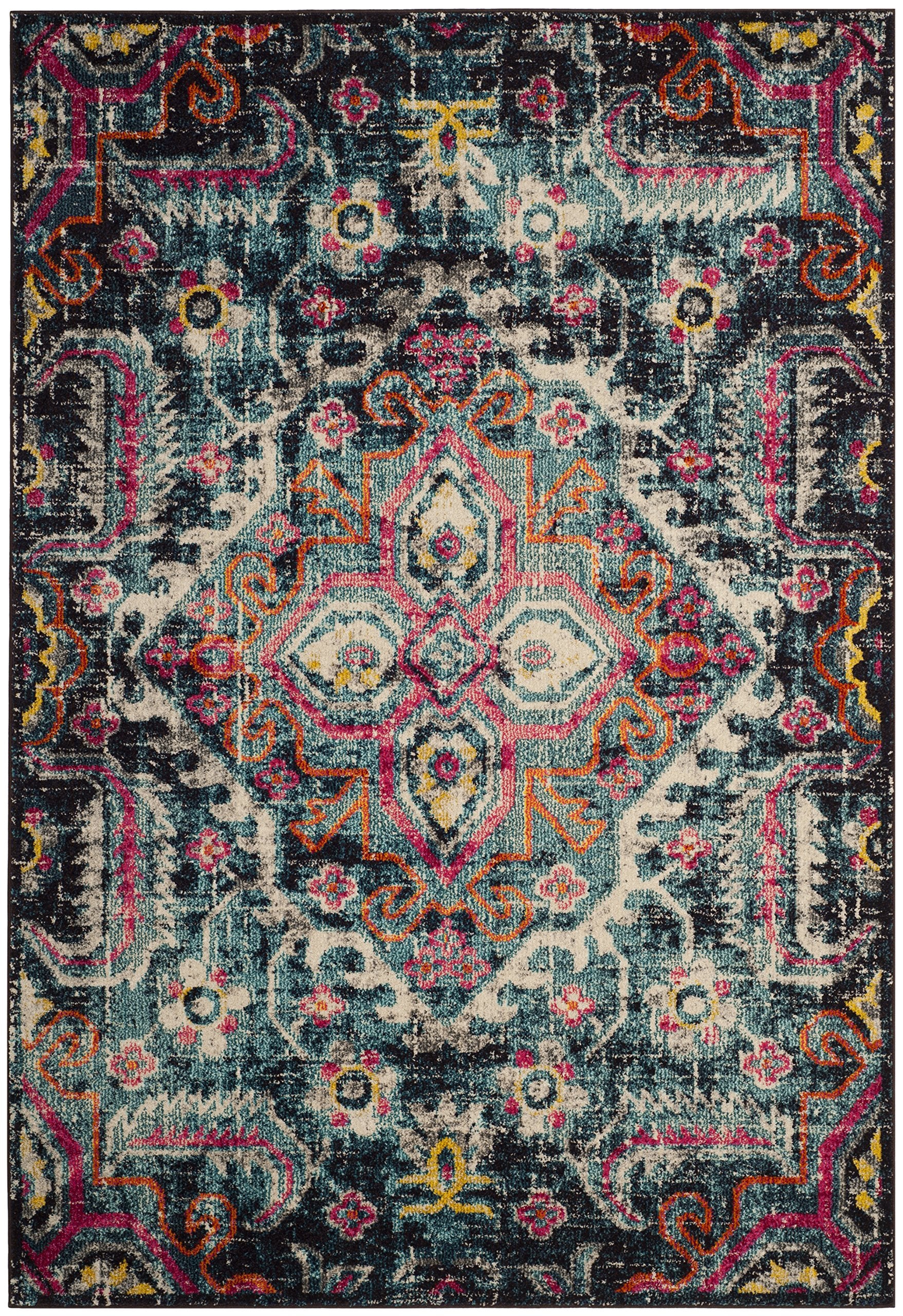 SAFAVIEH Monaco Collection Area Rug - 51 x 77, Blue & Fuchsia, Boho Chic Medallion Distressed Design, Non-Shedding & Easy Care