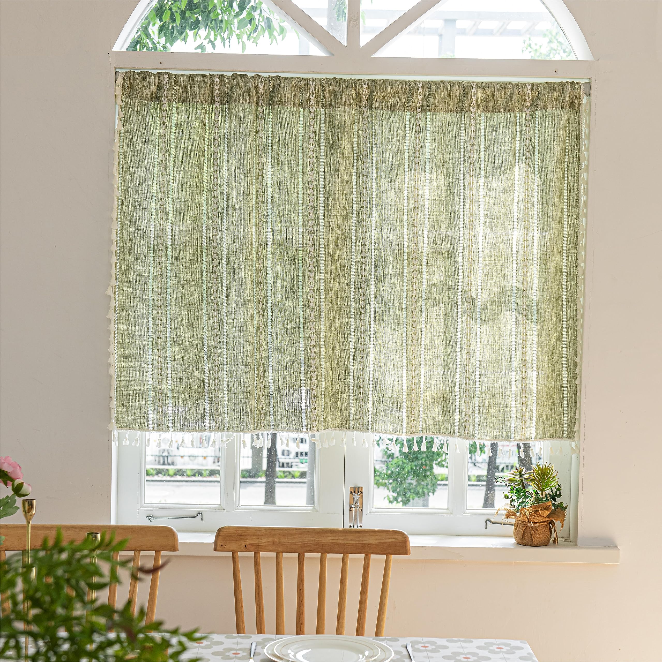 Sutuo Home Green Boho Curtain 52W x 36L inch White Striped Light Filtering Short Valance Tier, 1 Panel Embroidery Bohemian Farmh