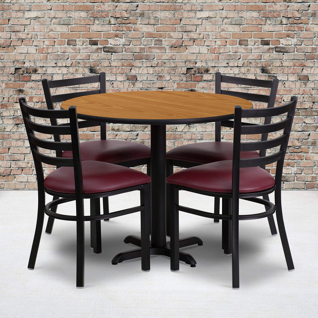 Flash Furniture Carlton 36'' Round Natural Laminate Table Set with X-Base and 4 Ladder Back Metal Chairs - Burgundy Vinyl Seat