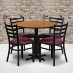 Flash Furniture Carlton 36'' Round Natural Laminate Table Set with X-Base and 4 Ladder Back Metal Chairs - Burgundy Vinyl Seat