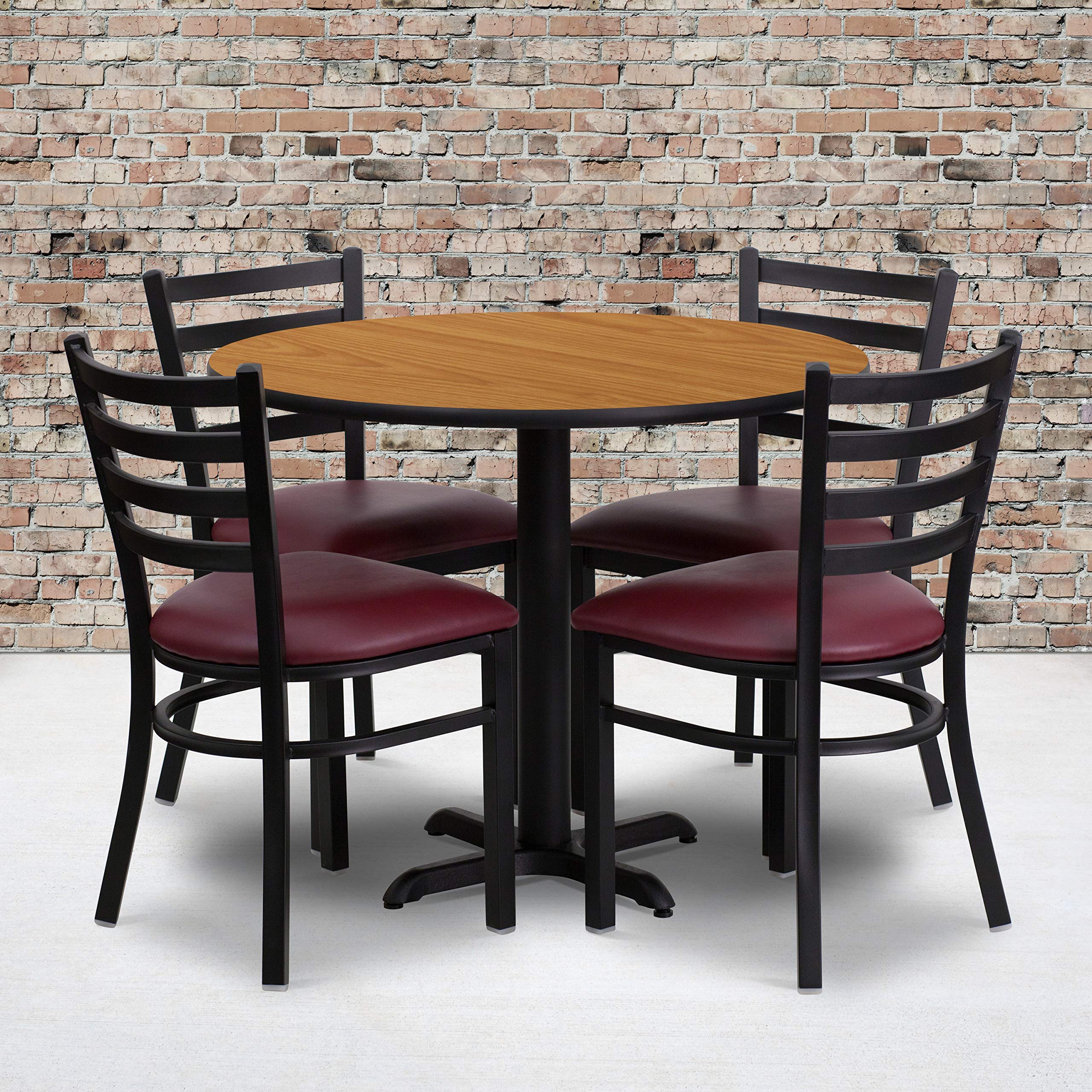 Flash Furniture Carlton 36'' Round Natural Laminate Table Set with X-Base and 4 Ladder Back Metal Chairs - Burgundy Vinyl Seat