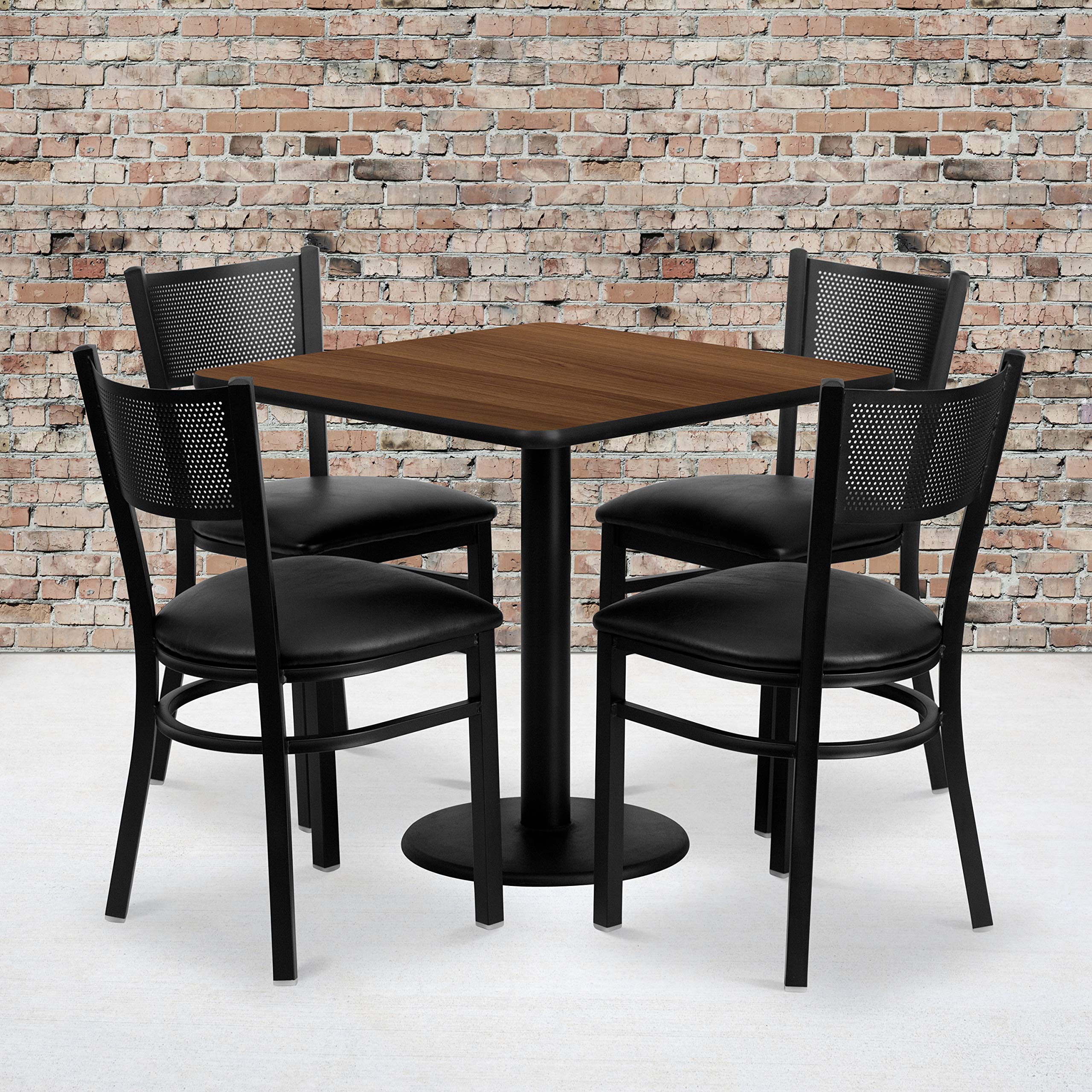 Flash Furniture 30'' Square Walnut Laminate Table Set With 4 Grid Back Metal Chairs - Black Vinyl Seat