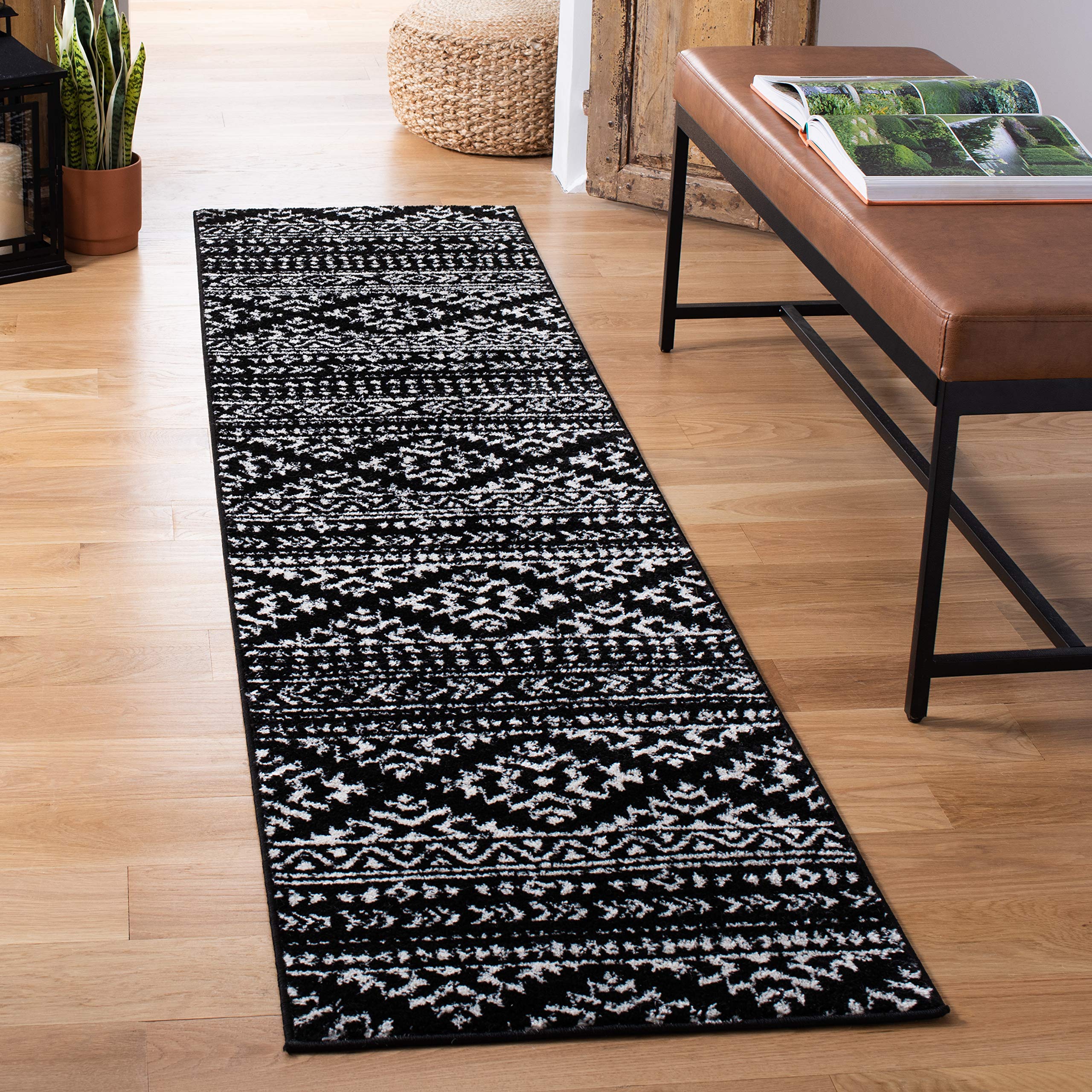 SAFAVIEH Tulum Collection Runner Rug - 2 x 7, Black & Ivory, Moroccan Boho Tribal Design, Non-Shedding & Easy Care, Ideal for 
