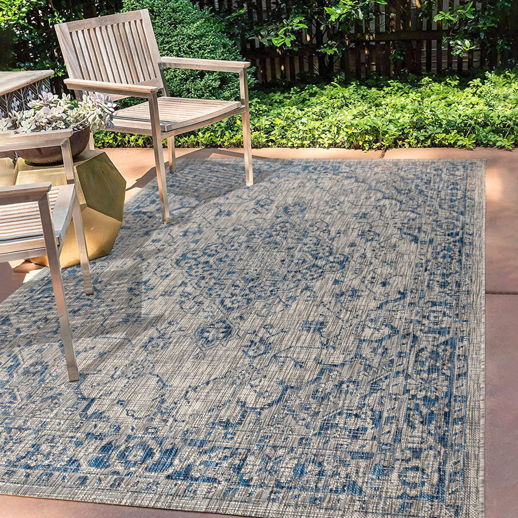 Jonathan Y Smb102B-4 Rozetta Boho Medallion Textured Weave Indoor Outdoor Area -Rug Coastal Bohemian Rustic Glam Easy -Cleaning Bedroom Kitchen Backyard Patio Non Shedding, 4 X 6, Gray/Navy