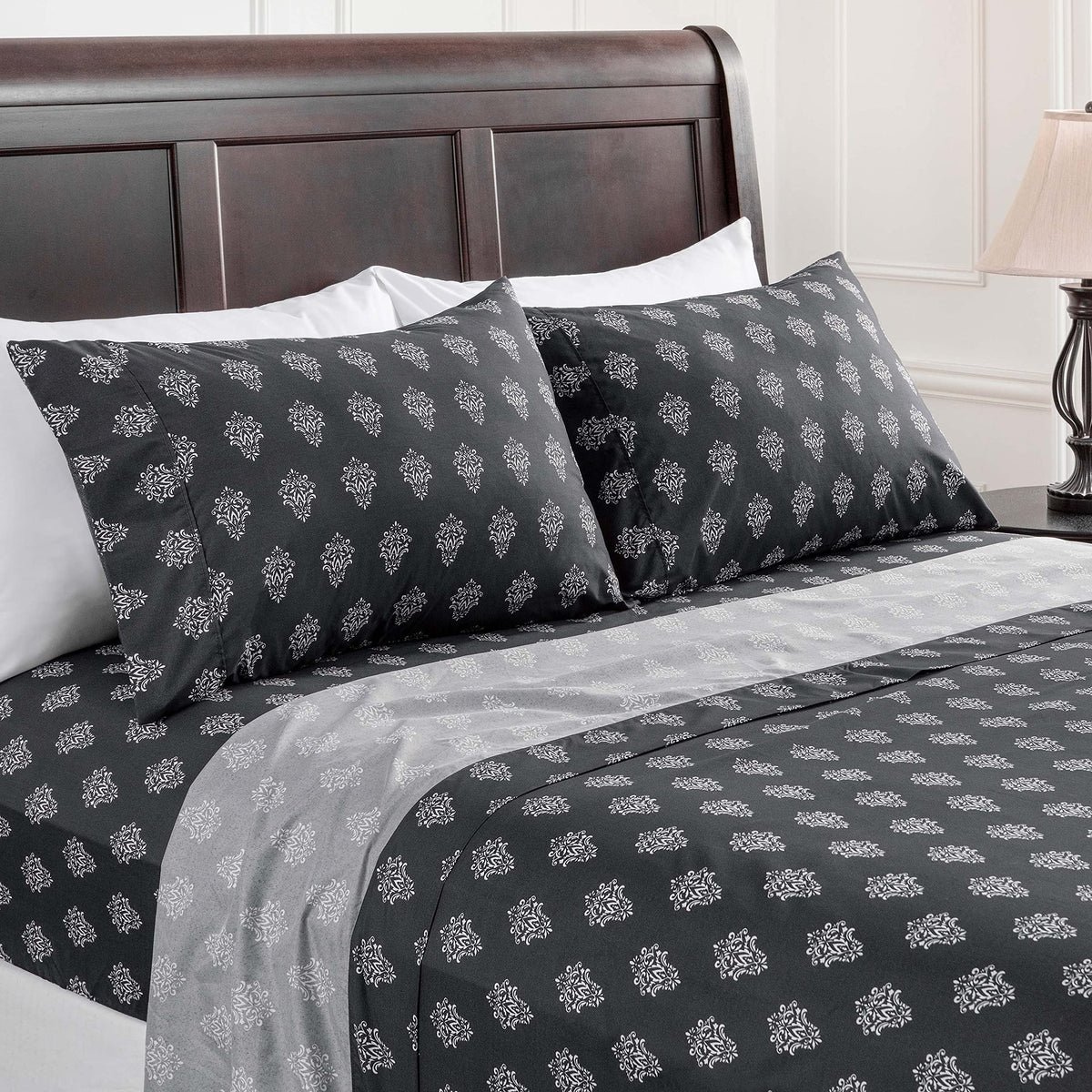 Chanasya Premium Small Damask Printed Victorian Patterned King Bed Sheet Set 4-Piece - 1 Flat 1 Fitted Sheet 2 Pillowcases - Ult