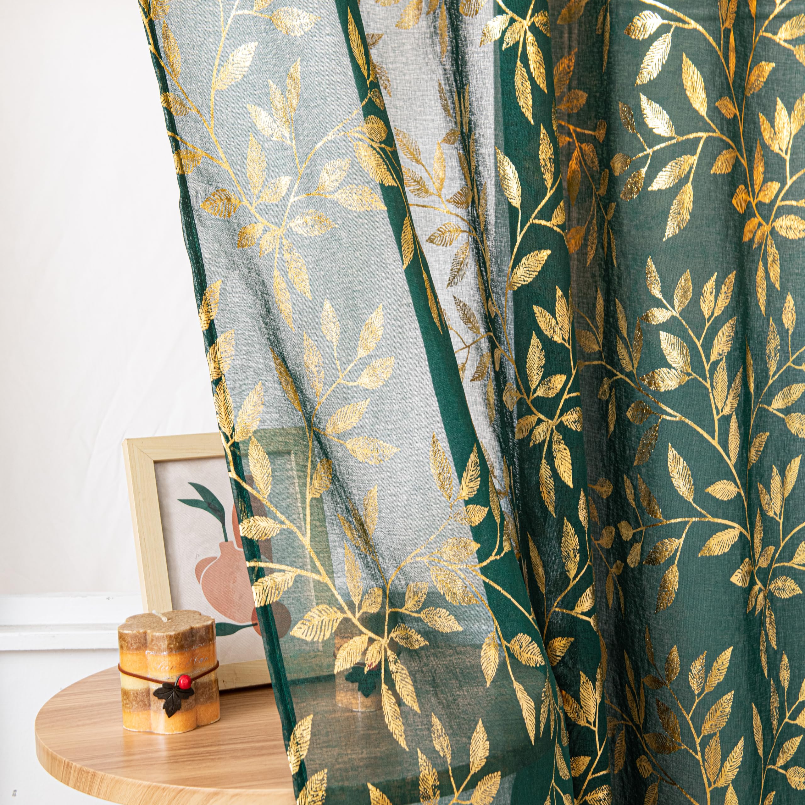 Sutuo Home Dark Green Sheer Curtains 63 Inch Length 2 Panels Set, Gold Foil Print Metallic Bronzing Leaves, Privacy Window Treat