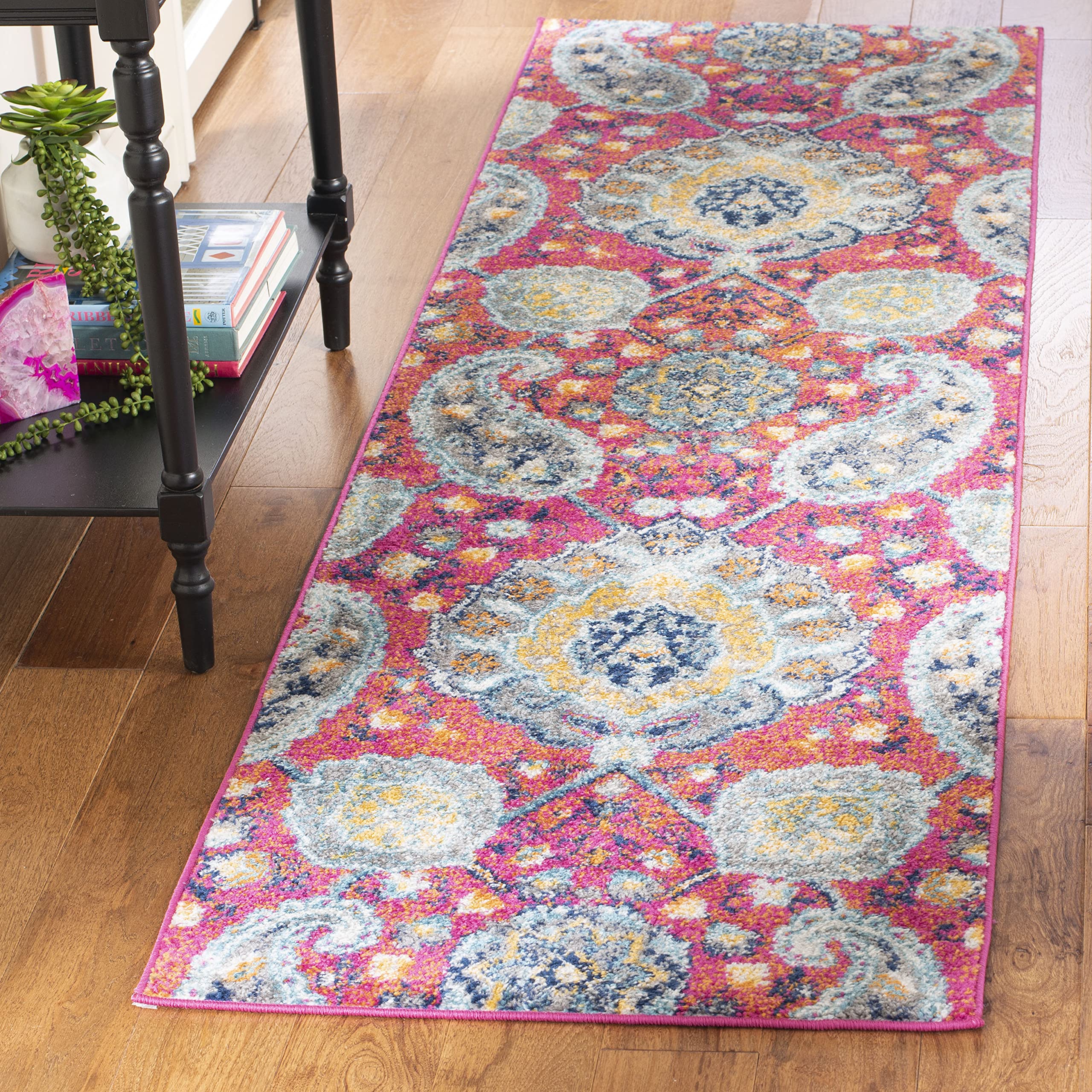 SAFAVIEH Madison Collection Runner Rug - 2'3'' x 8', Fuchsia & Gold, Boho Chic Glam Paisley Design, Non-Shedding & Easy Care, Id