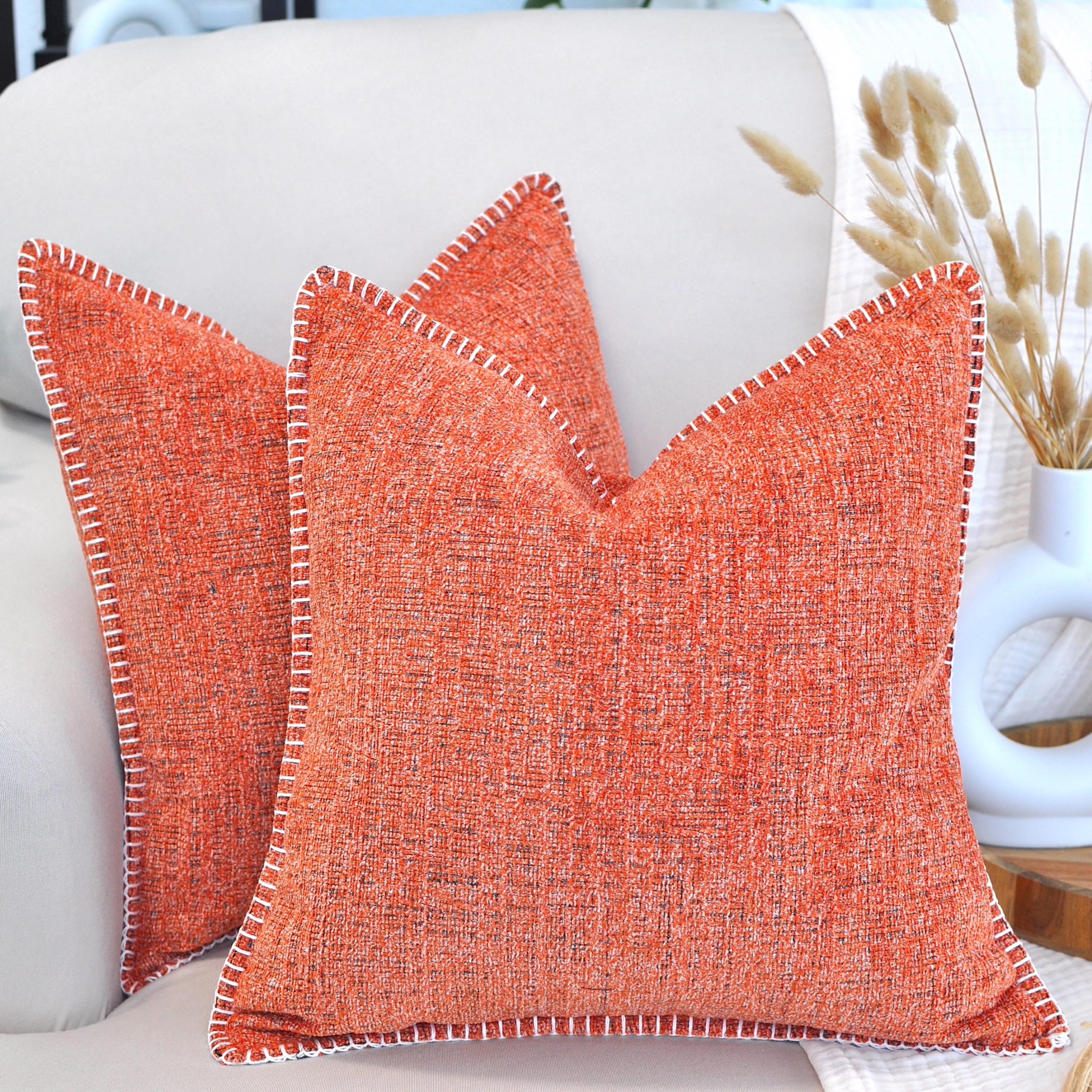 20X20 Pillow Covers Set Of 2 Burnt Orange With Stitched Edge Covers For Throw Pillows, Textured Chenille Pillow Cases For Comfy