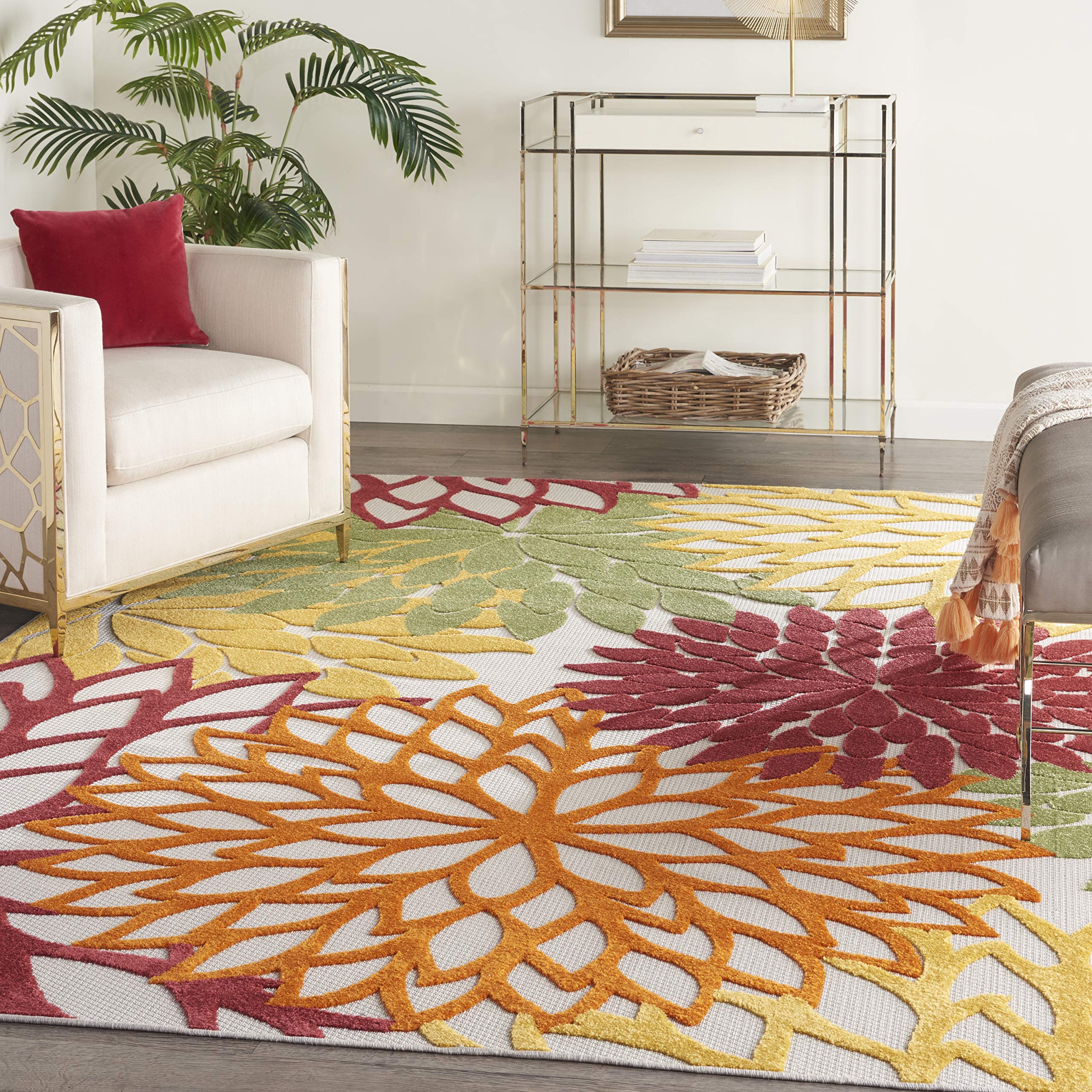 Nourison Aloha Indoor/Outdoor Red Multi Colored 9' X 12' Area Rug, Tropical, Botanical, Easy Cleaning, Non Shedding, Bed Room, L