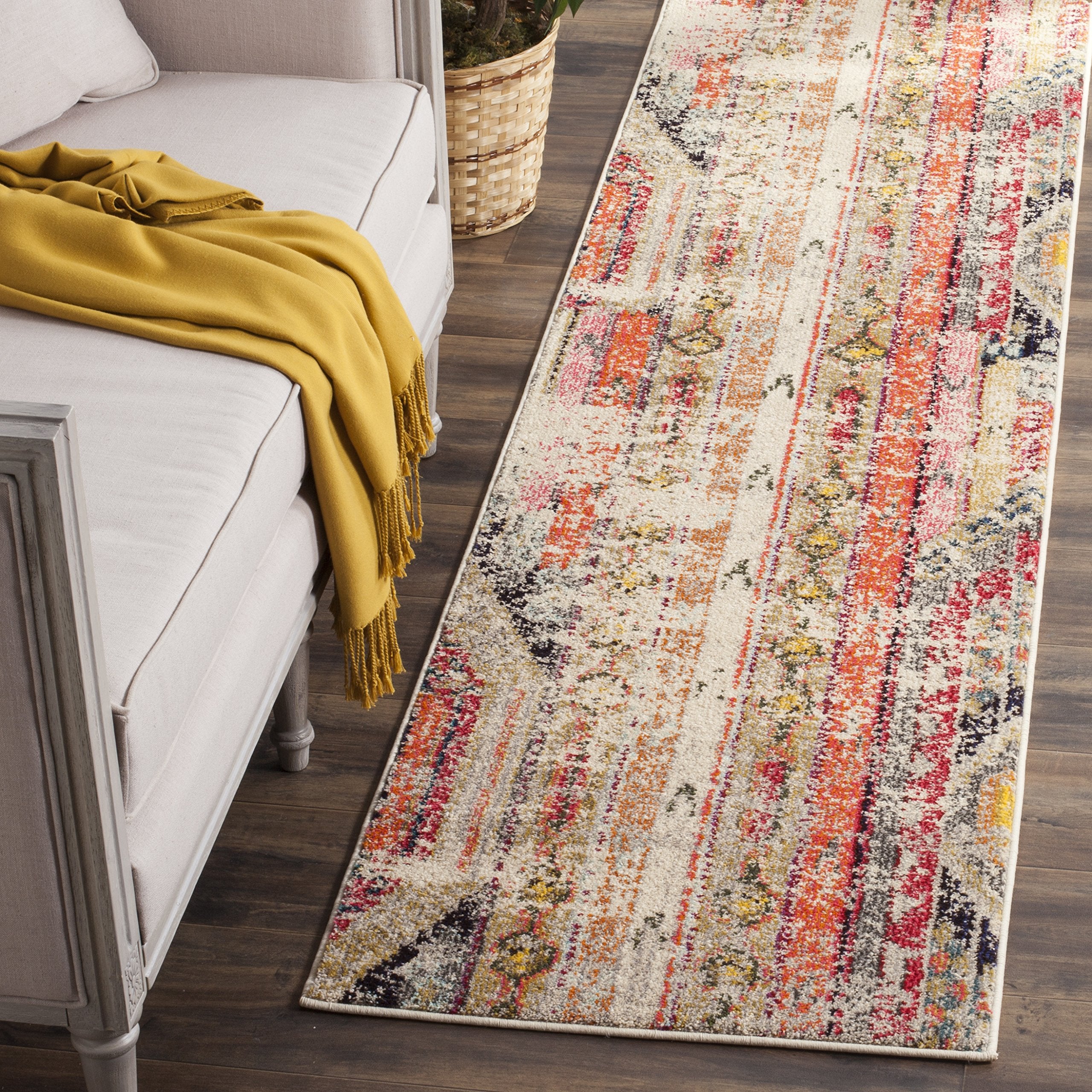 SAFAVIEH Monaco Collection Runner Rug - 22 x 8, Light Grey & Multi, Boho Chic Tribal Distressed Design, Non-Shedding & Easy Ca
