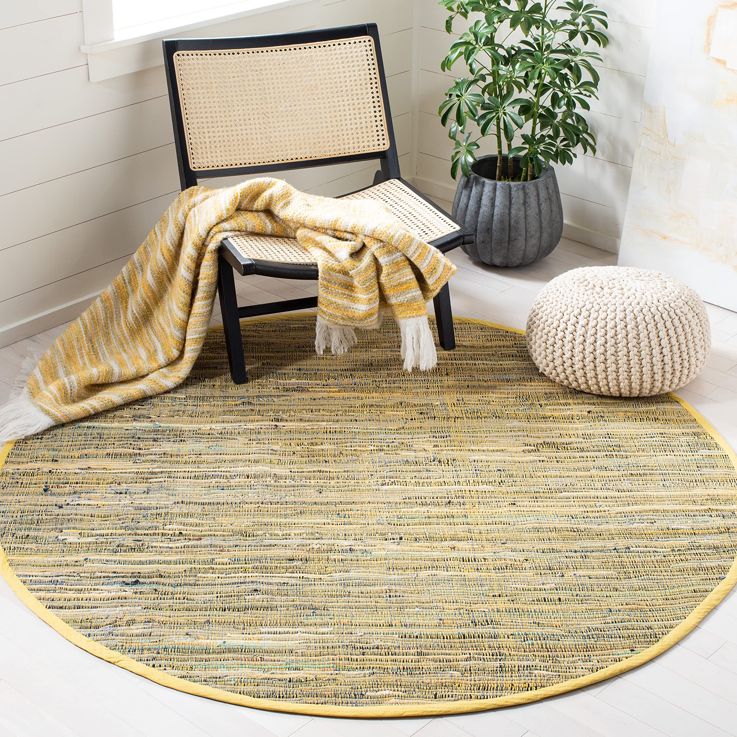 SAFAVIEH Rag Rug Collection 6 Round Yellow / Multi RAR121H Handmade Boho Stripe Cotton Area Rug