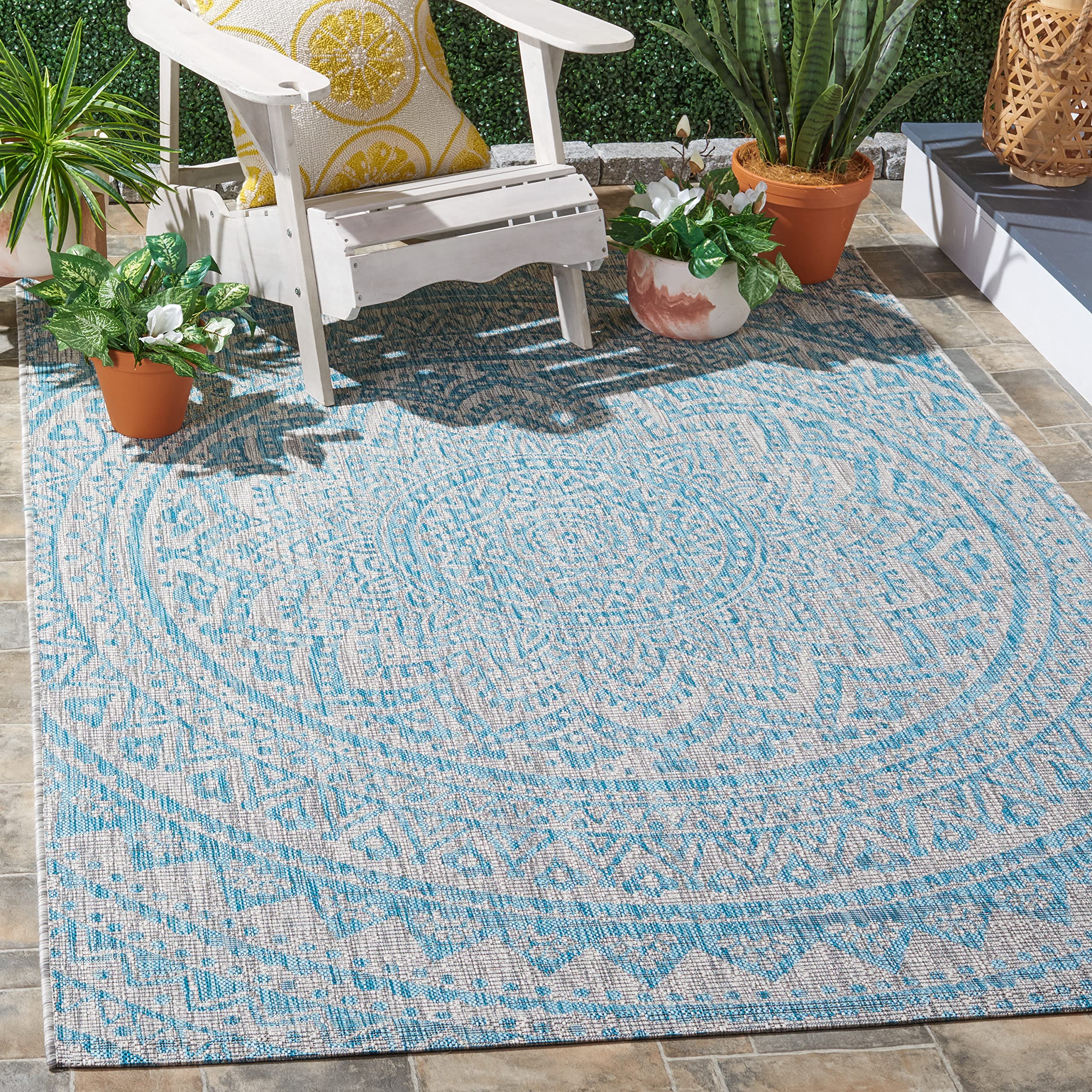 Safavieh Courtyard Collection 7'10' Square Light Grey/Aqua Cy8734 Indoor/Outdoor Non-Shedding Easy Cleaning Patio Backyard Porch Deck Mudroom Area Rug