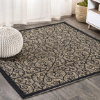 Jonathan Y Smb107A-6Sq Madrid Vintage Filigree Textured Weave Indoor Outdoor Area Rug Classic Coastal Easy Cleaning Bedroom Kitchen Backyard Patio Non Shedding, 6' Square, Black/Khaki