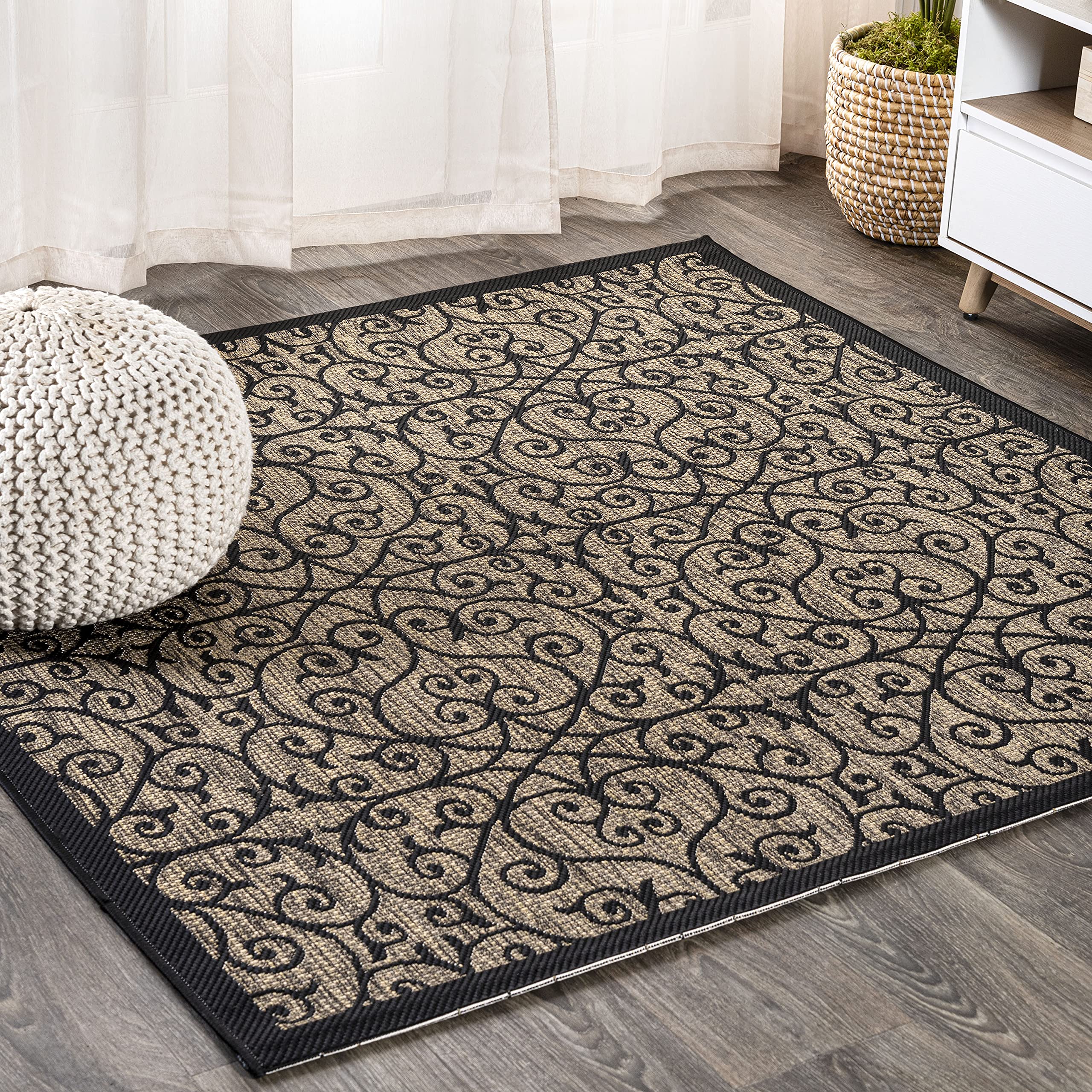 Jonathan Y Smb107A-6Sq Madrid Vintage Filigree Textured Weave Indoor Outdoor Area Rug Classic Coastal Easy Cleaning Bedroom Kitchen Backyard Patio Non Shedding, 6' Square, Black/Khaki