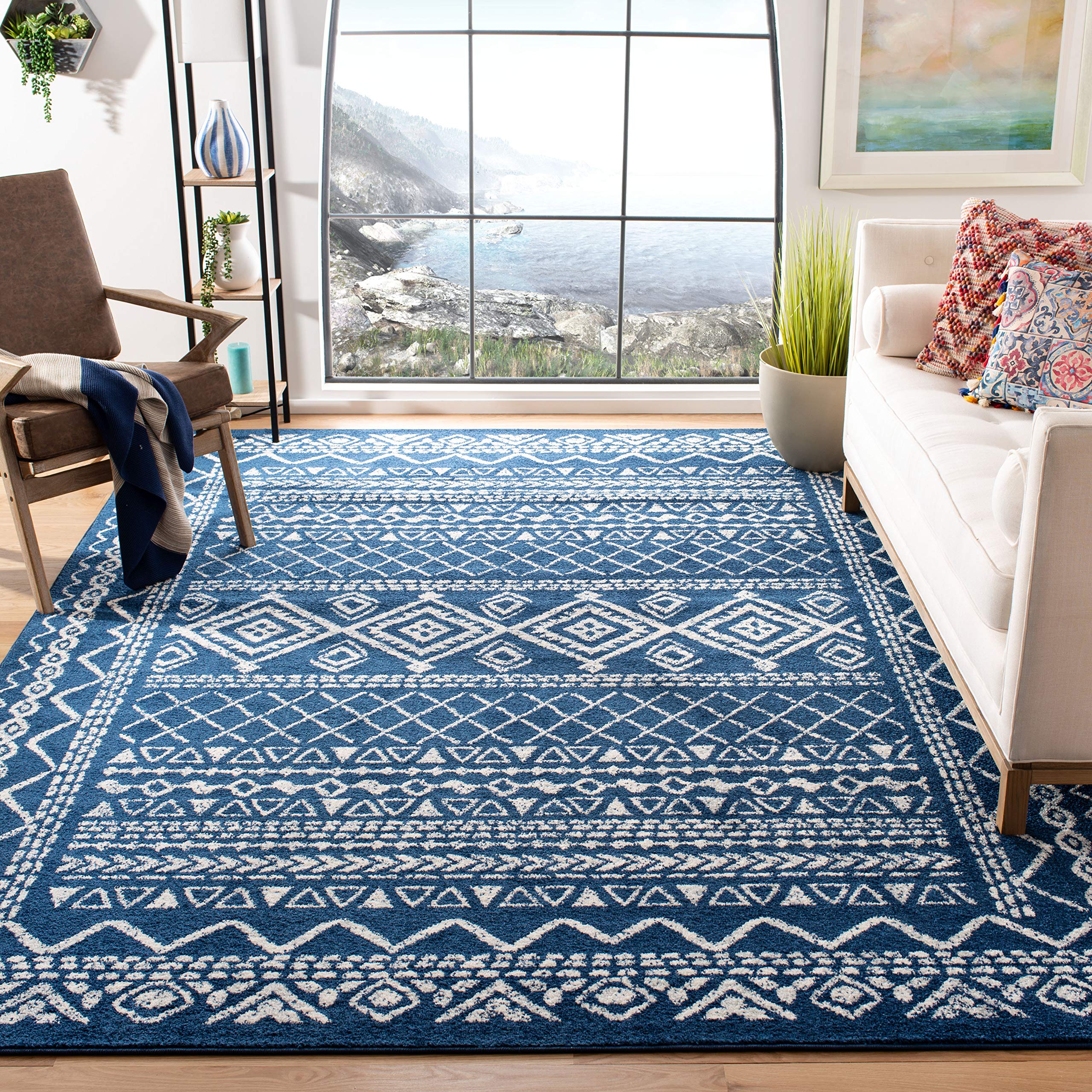 SAFAVIEH Tulum Collection 67 Square Navy/Ivory TUL268N Moroccan Boho Distressed Non-Shedding Living Room Bedroom Dining Home Of