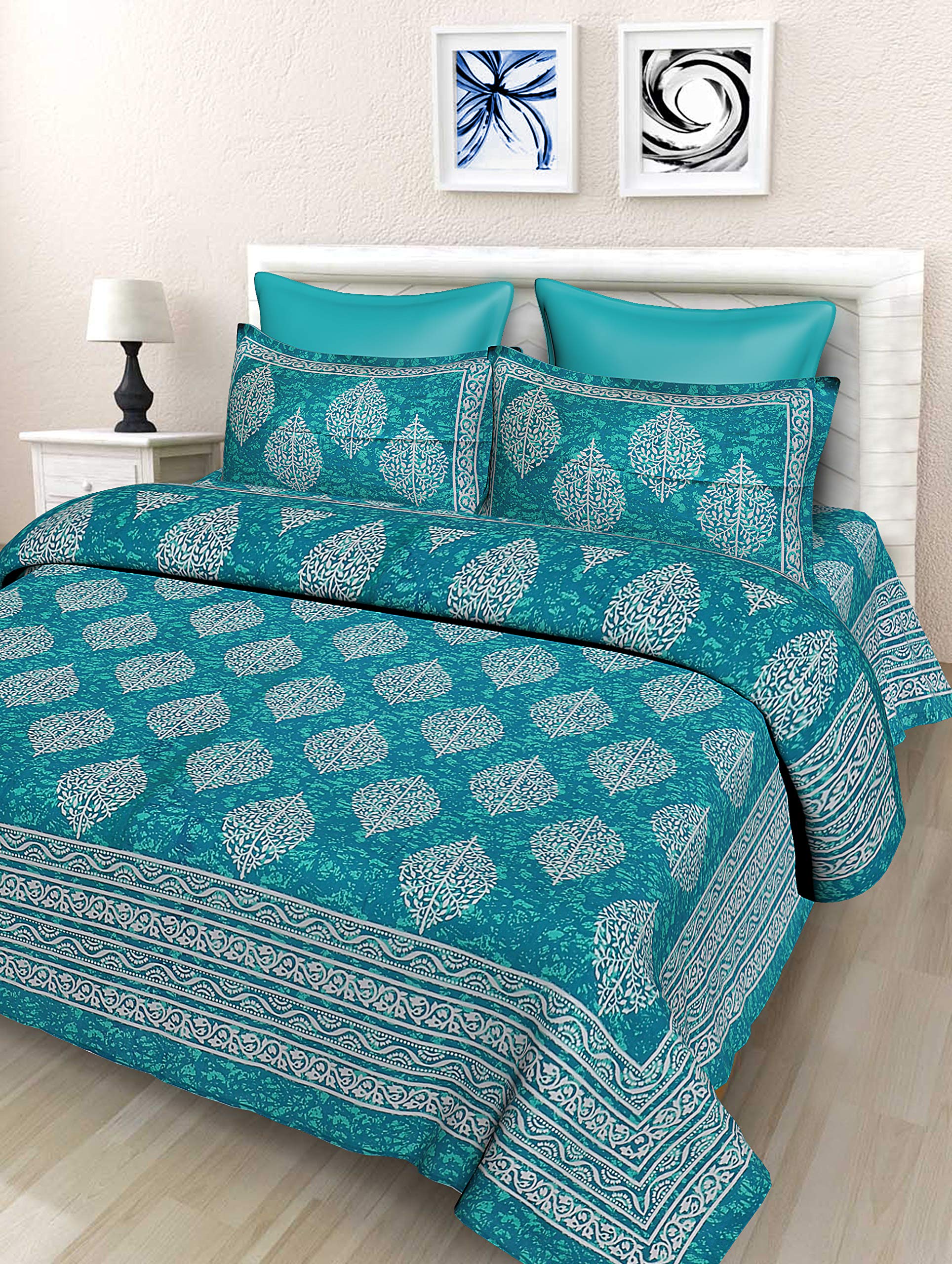 Sheetkart 144 Tc Cotton Printed Jaipuri Bedsheet Double Bed With 2 Pillow Covers, Sea Green, 144200 Tc
